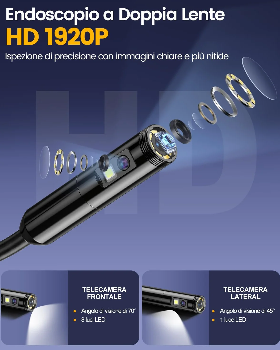Endoscopio per Smartphone 1920P HD IP67 Sonda Impermeabile 8 LED Cavo Semirigido 5 m Compatibile iOS Android