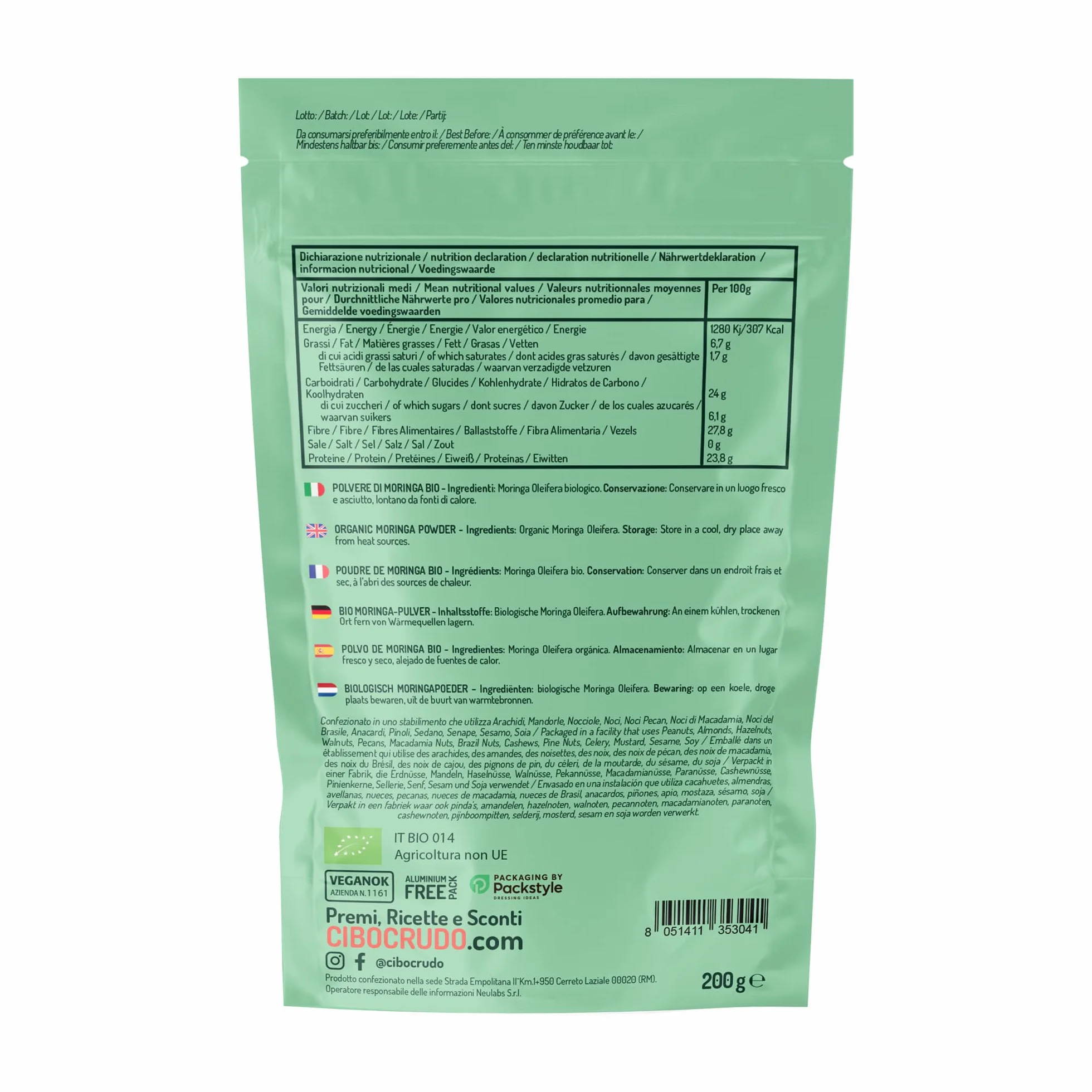 Cibocrudo Moringa In Polvere Biologica Cruda 200 gr – Moringa Oleifera Ricca Di Vitamine E Sali Minerali