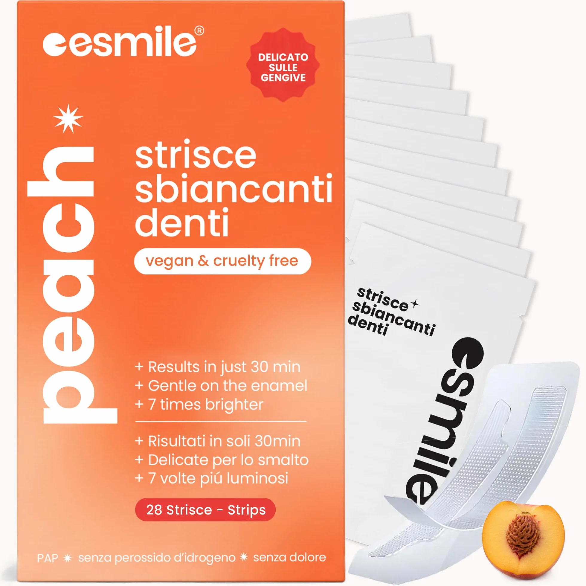 ESMILE 28 Strisce Sbiancanti Denti Frutta Pesca, Trattamento Professionale a Casa, 14 Trattamenti Igiene Orale