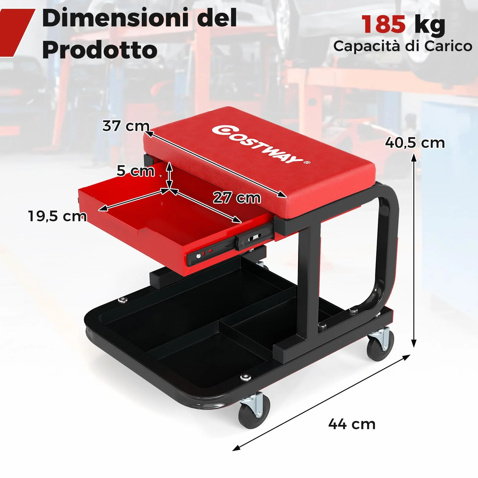 COSTWAY Sgabello da Officina con Ruote, Sedia Meccanico Imbottita, Cassetto e Vassoio, 185 kg, Rosso