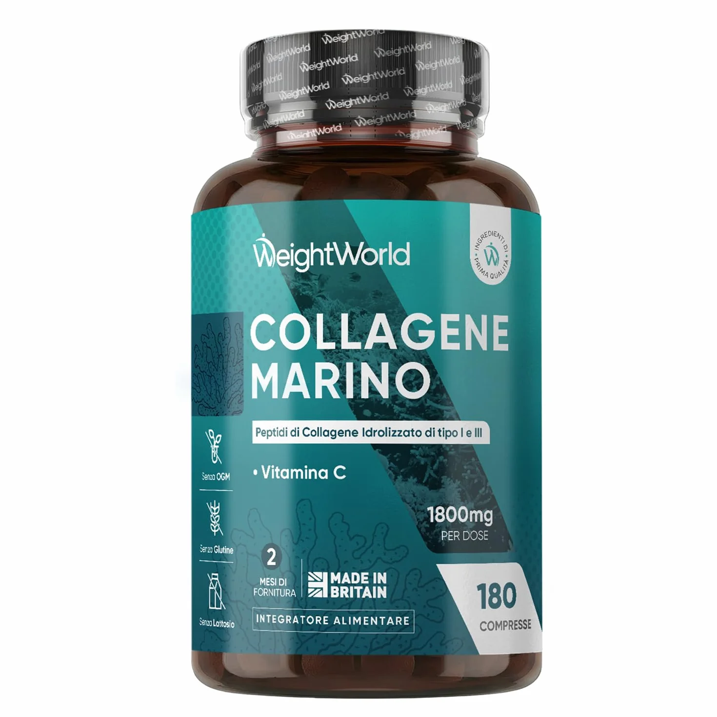 Collagene Marino 1800mg con Vitamina C Peptidi Idrolizzato Tipo I e III 180 Compresse
