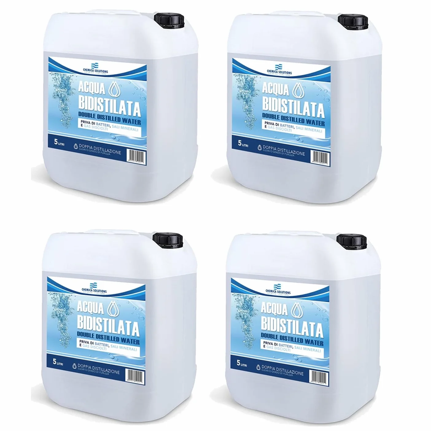 CHEMICA SOLUTIONS Acqua Bidistillata Pura 4 x 5 Litri, Distillata Due Volte, Demineralizzata Made in Italy
