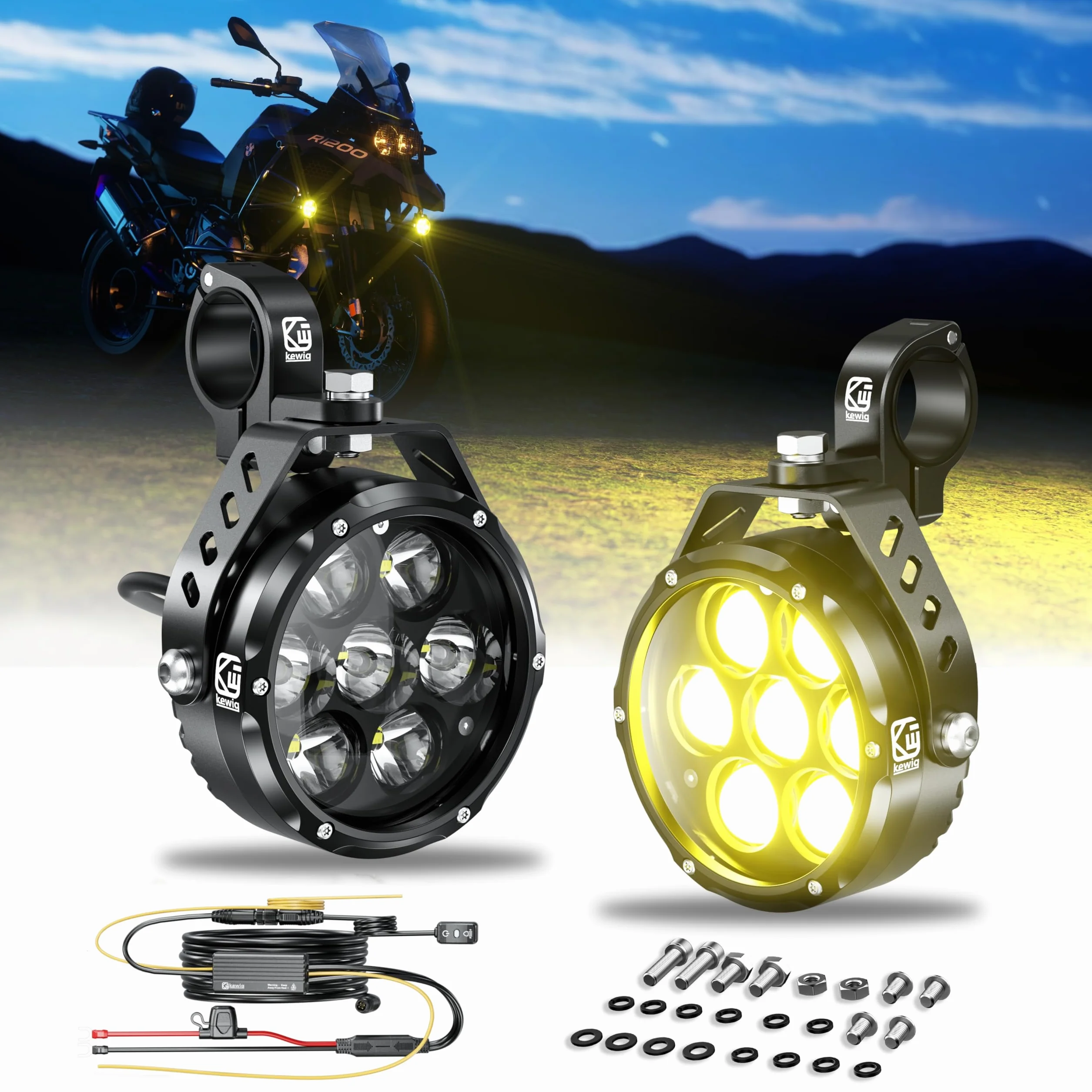 Kewig - Luce LED aggiuntiva per moto, 90 W, colore ambra/giallo, bianco, fari ausiliari bicolore, fendinebbia con cablaggio, luce da lavoro fuoristrada, compatibile con