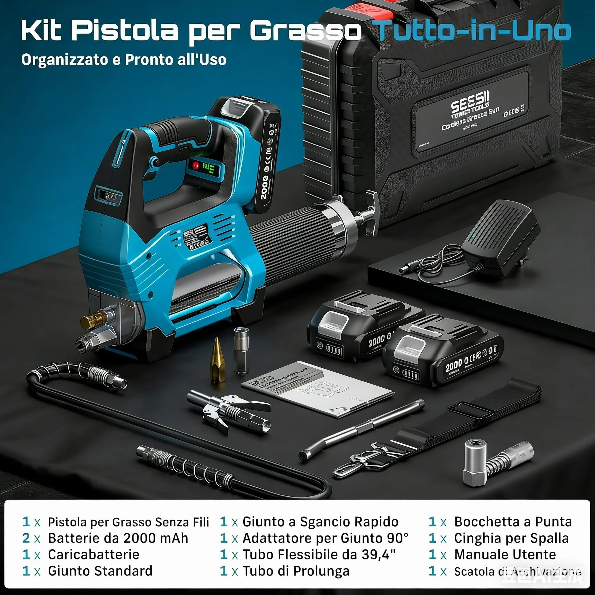 Seesii 12.000PSI Ingrassatore a Batteria con 2 Batterie (compatibili Anche con batterie Makita da 18 V), 3 velocità, Motore Brushless, 3 Testina Ingrassatore, Tubo da 1m, per Attrezzature Pesanti