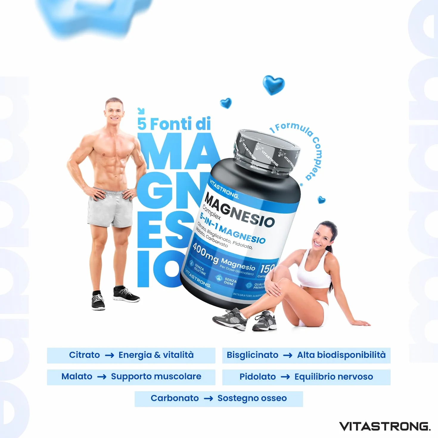 MAGNESIO COMPLETO 400mg 5 in 1 Magnesio Bisglicinato Citrato Pidolato Malato Carbonato Integratore Antistress