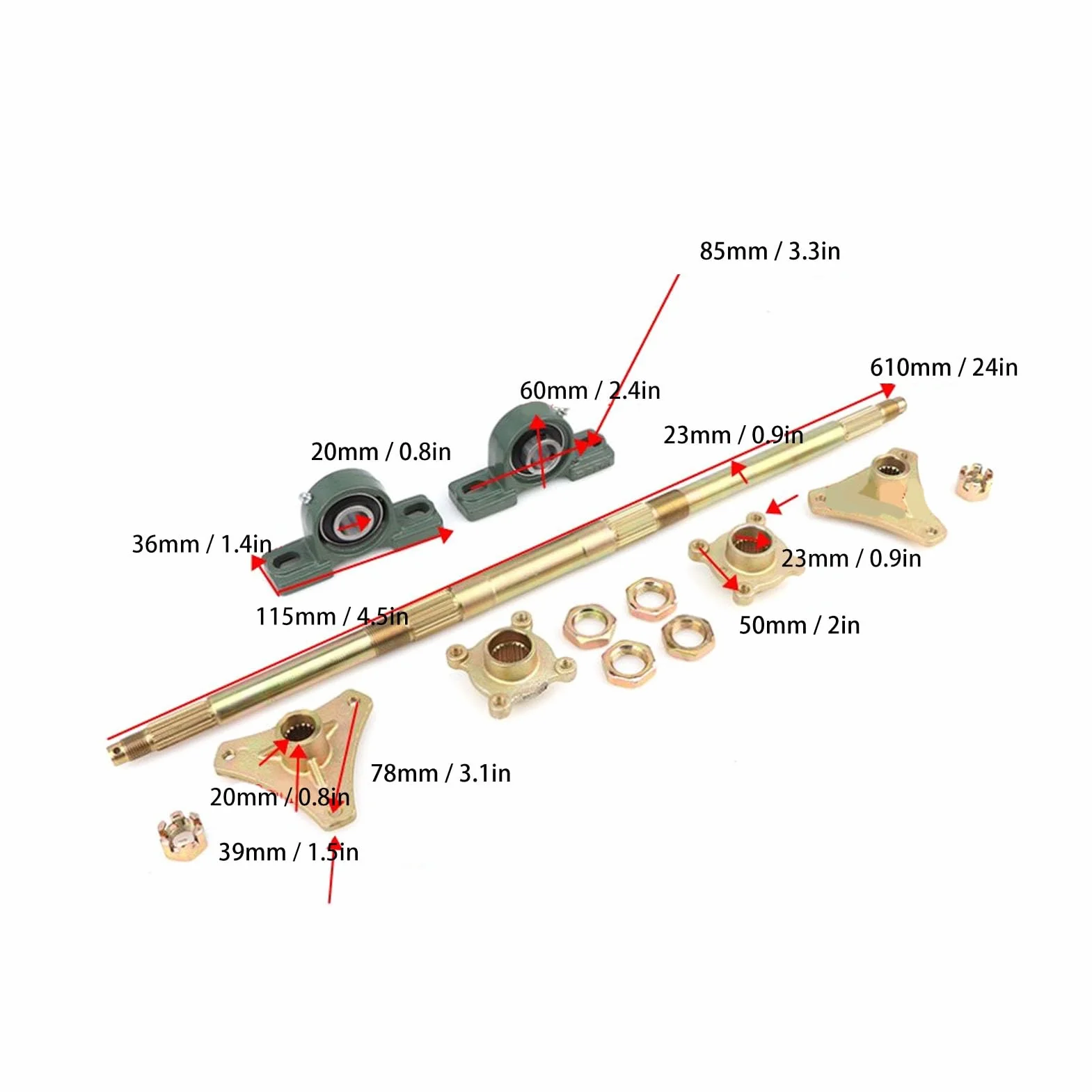 Fockety Kit Albero ASSE Posteriore da 24 Pollici, Kit di Montaggio ASSE Posteriore Go Kart ATV, Mozzi Antiurto in Metallo, Adatto per ATV 50-150CC Fai da Te, Quad, Drift Trike
