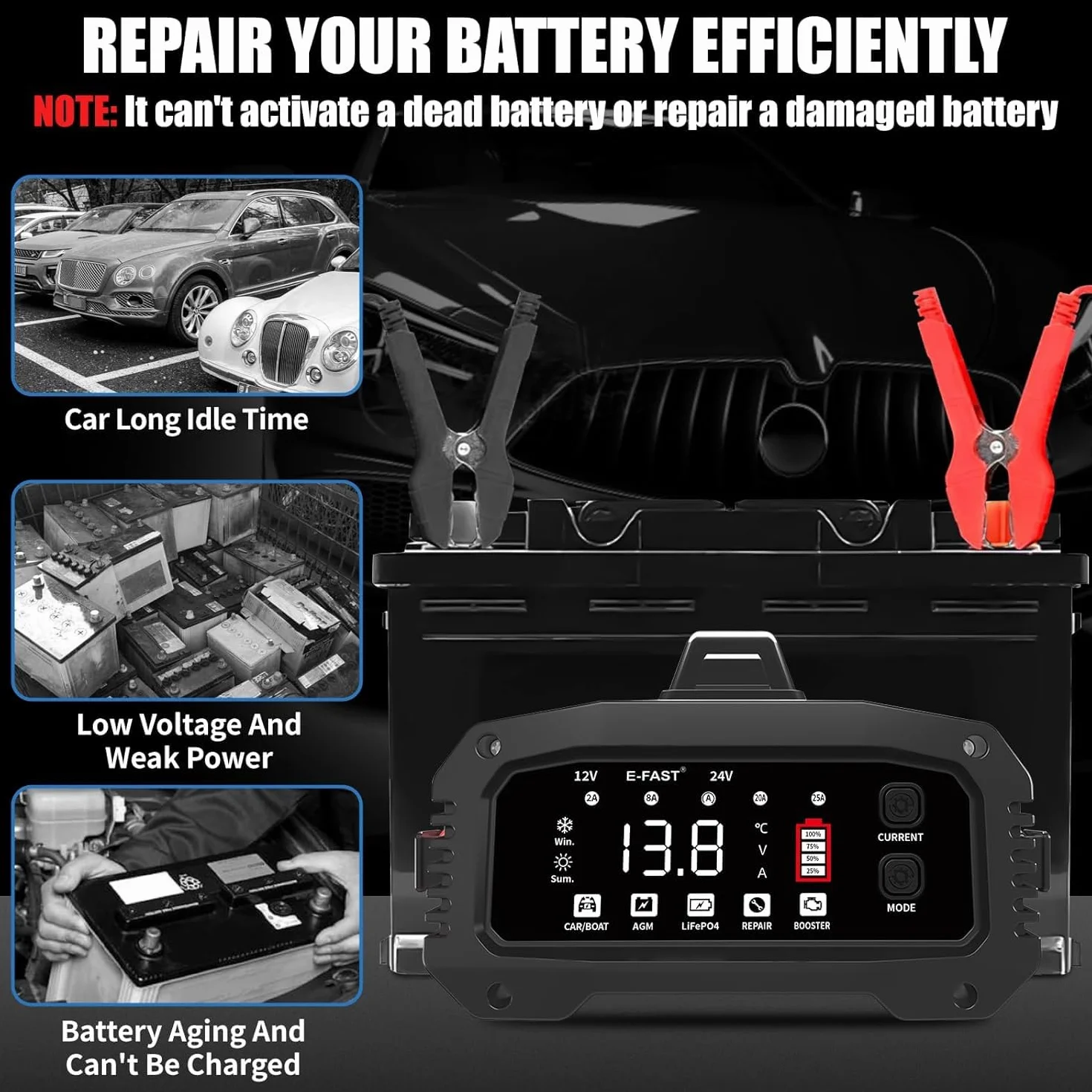 25A Caricabatteria da Auto, 12V/24V Automatico Caricabatteria da Auto con Display LCD, Caricabatteria Intelligente per Automobili Aggiornato per Batterie AGM/LiFePO4, Moto, Barche e Roulotte