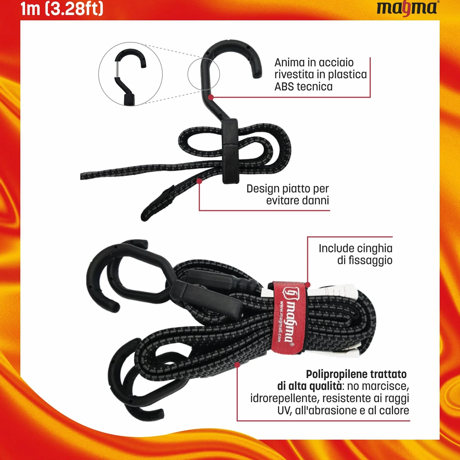 MAGMA Corda Elastica Piatta con Ganci Extra Forte Resistente per Campeggio Bagaglio Portapacchi Barca Auto