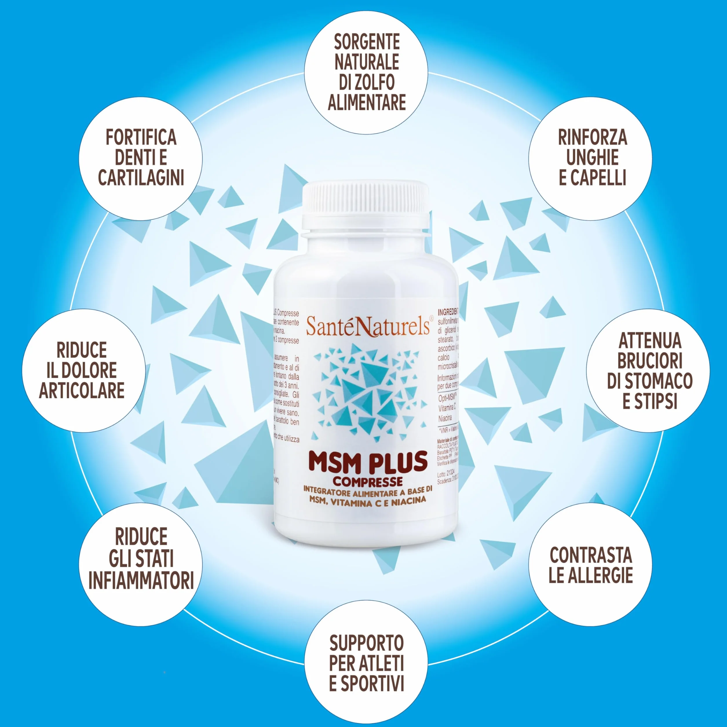 MSM Plus Metilsulfonilmetano Zolfo Alimentare Puro 99,9% 100 Compresse Supporto Articolazioni Ossa Unghie Muscoli Capelli