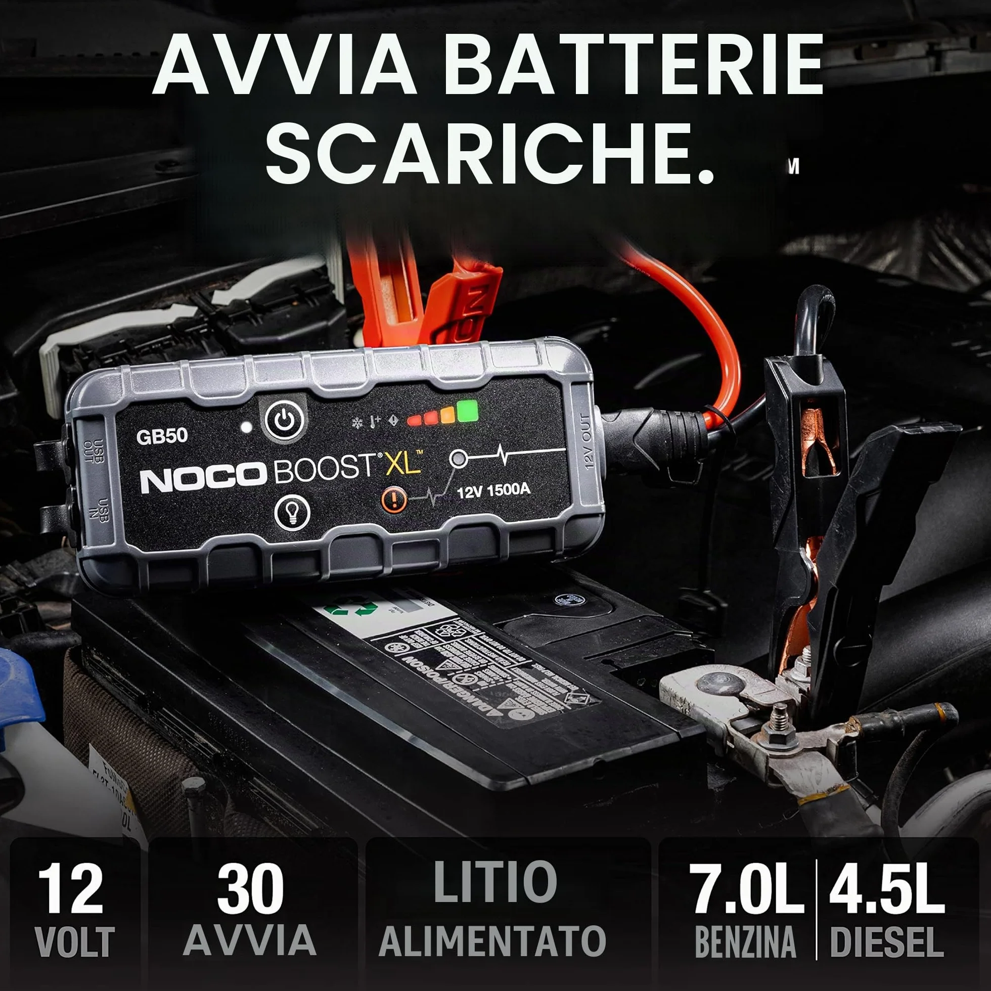 NOCO Boost GB50: Avviatore di Emergenza UltraSafe 1500A – Booster Batteria al Litio 12V, Caricabatteria Portatile Power Bank e Cavi Avviamento – Per Motori Benzina fino a 7.0L e Diesel fino a 4.5L