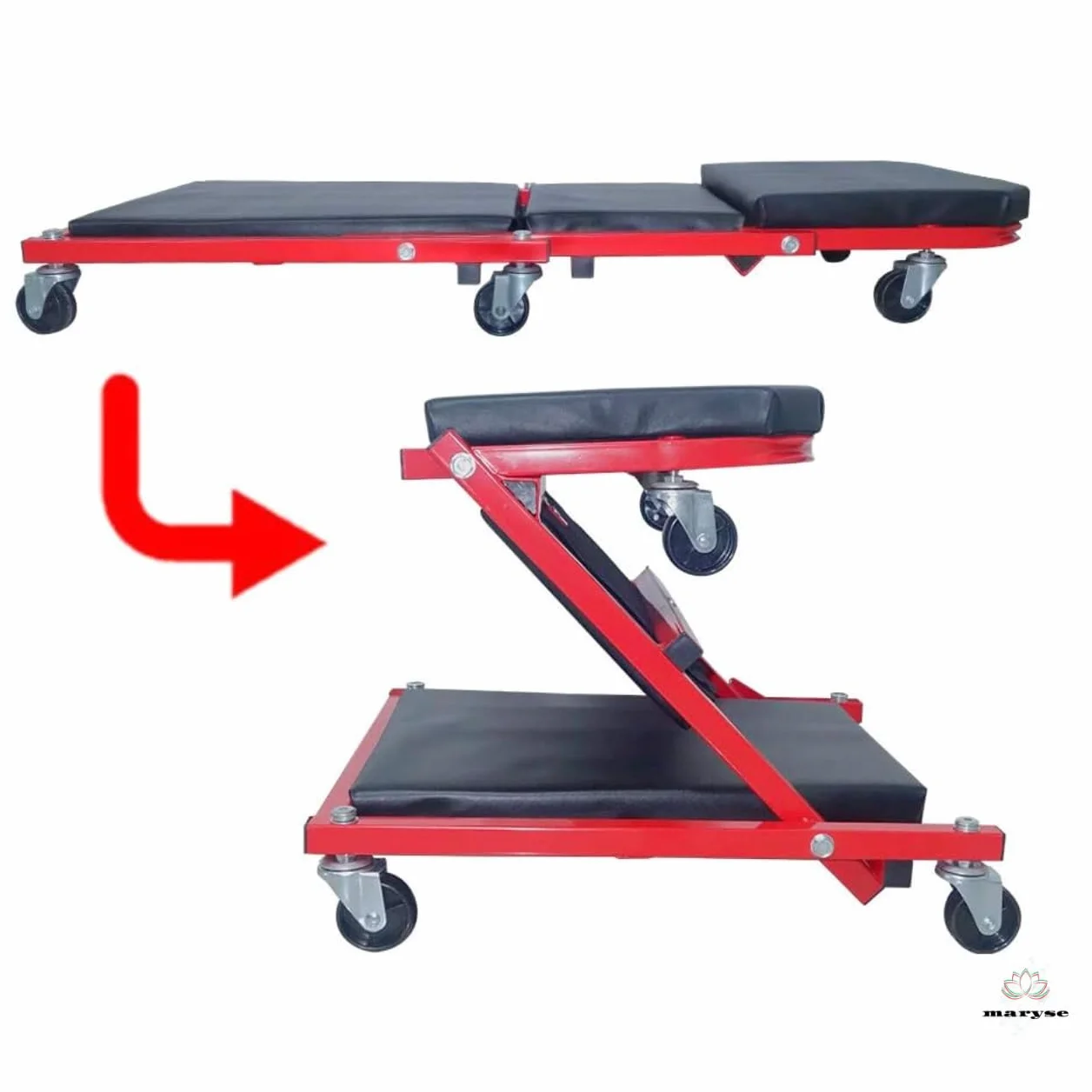 maryse - Lettino Sottoauto e Sgabello a Carrello 2in1 per Officina – Struttura in Acciaio Rinforzato, Ruote Silenziose, Max 150 kg, Comfort Imbottito e Design Pieghevole