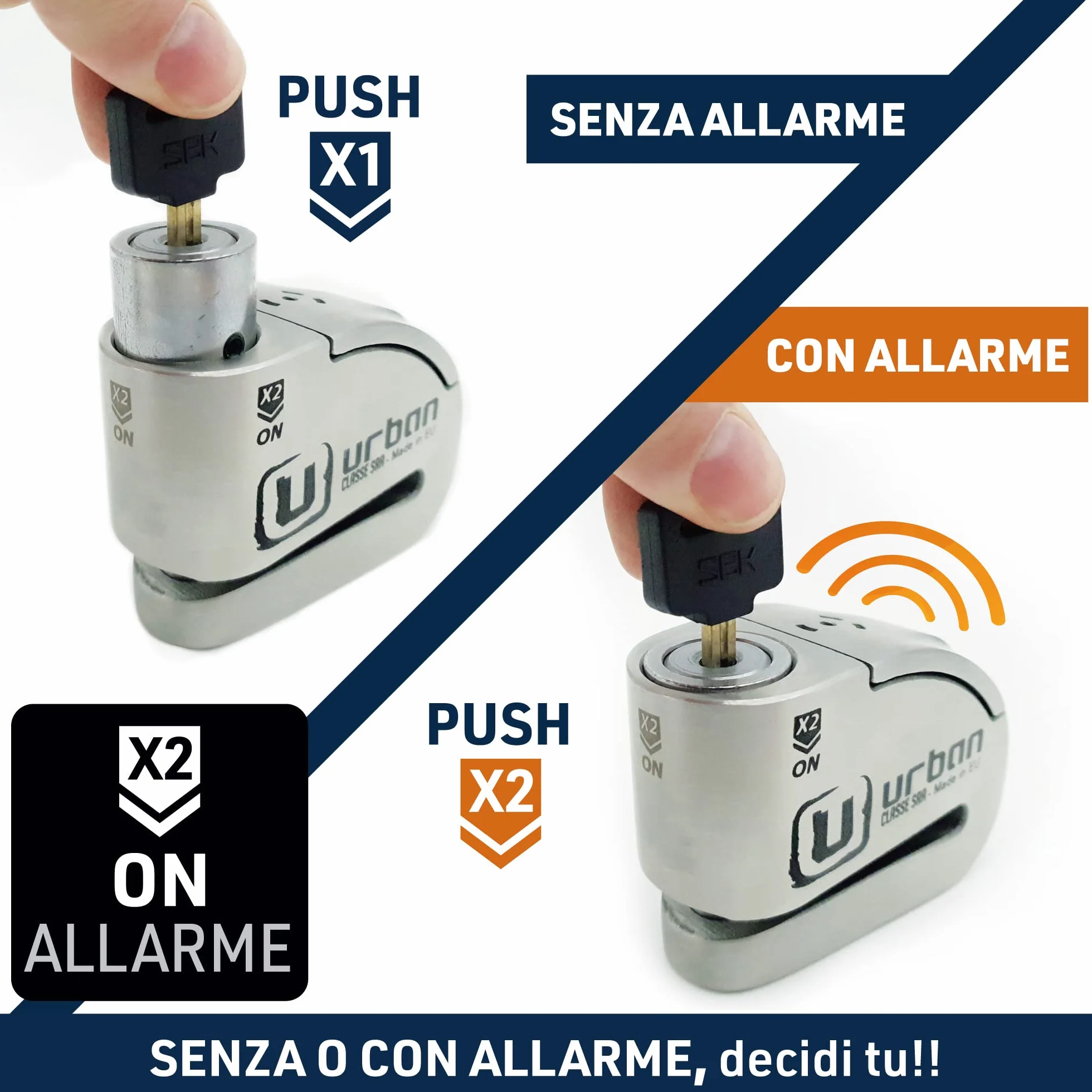 URBAN UR14S Blocca Disco per Moto Senza/Con Allarme Hi-Tech 120dB, Antifurto Moto Omologato SRA Massima Sicurezza, Warning Sensibilità A+, Acciaio Inox, Lucchetto Bloccadisco Doppio Bloccaggio 14mm