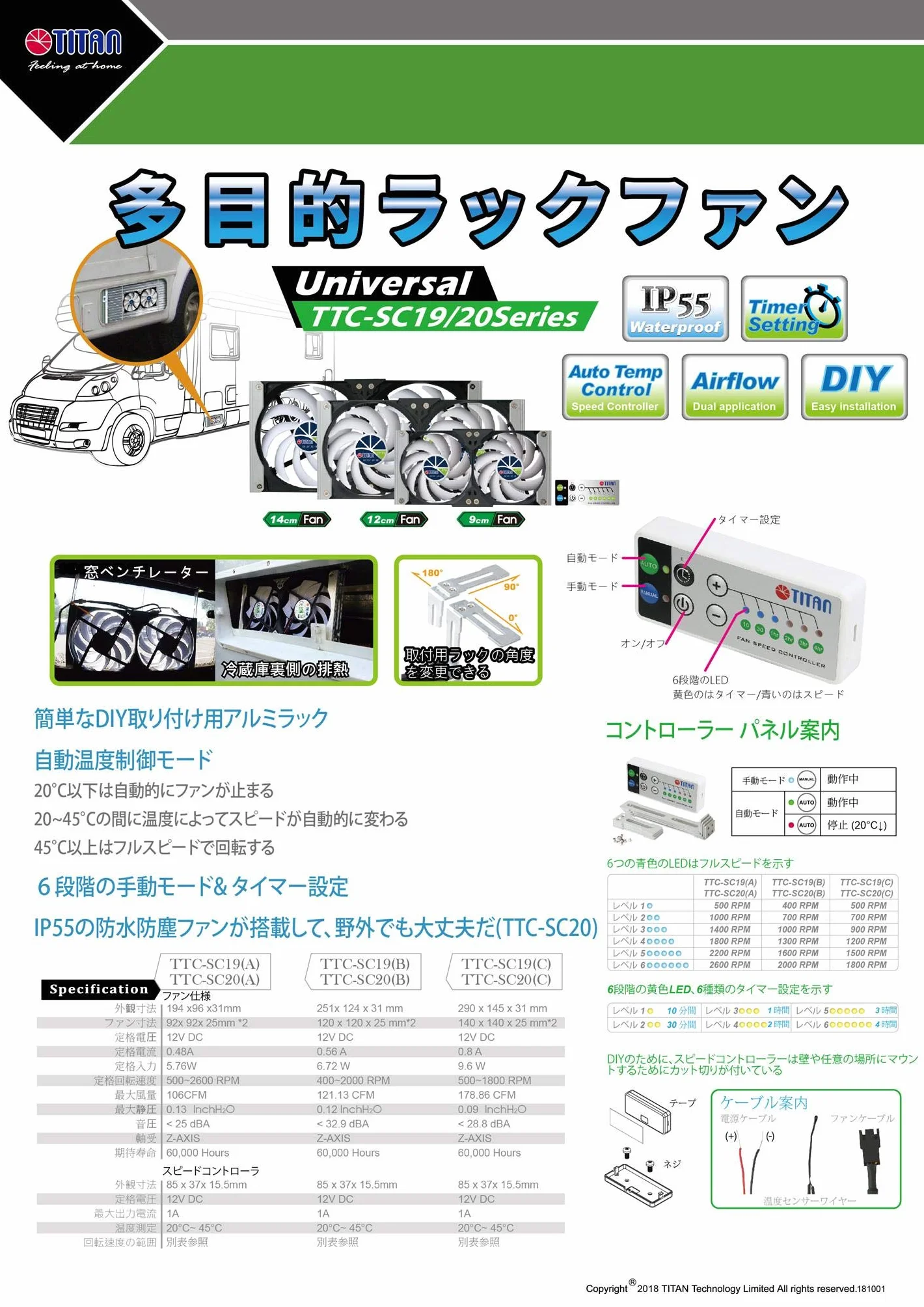 Titan TTC-SC20 Wentylator 12V CC IP55 90mm z Timerem i Regulatorem Prędkości