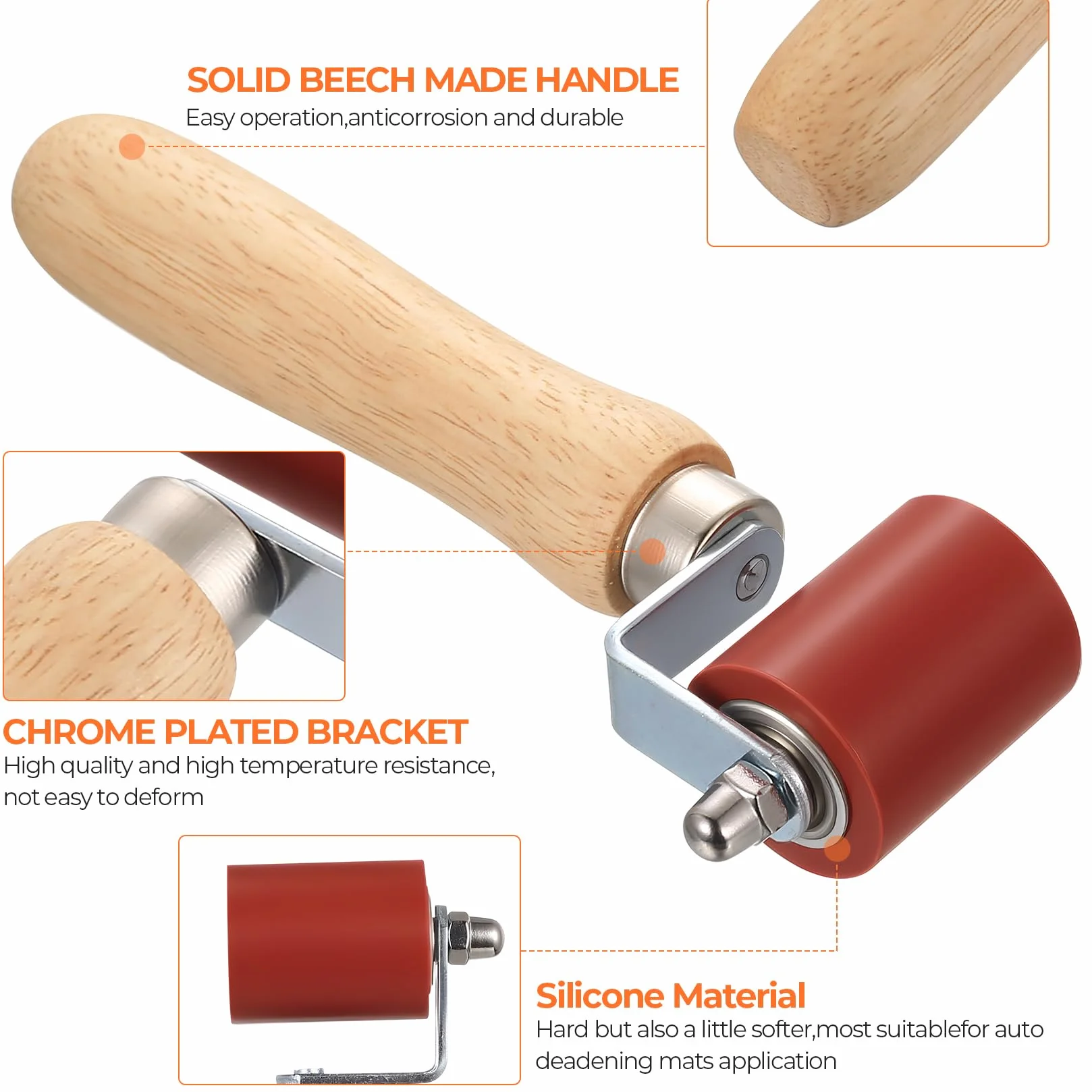 1 Pz Rullo per Cuciture Automobilistiche, 40 mm Rullo di Pressione in Gomma, Rulli per Cuciture in Silicone con manico in legno per isolamento acustico audio per auto, saldatura di bordi in PVC
