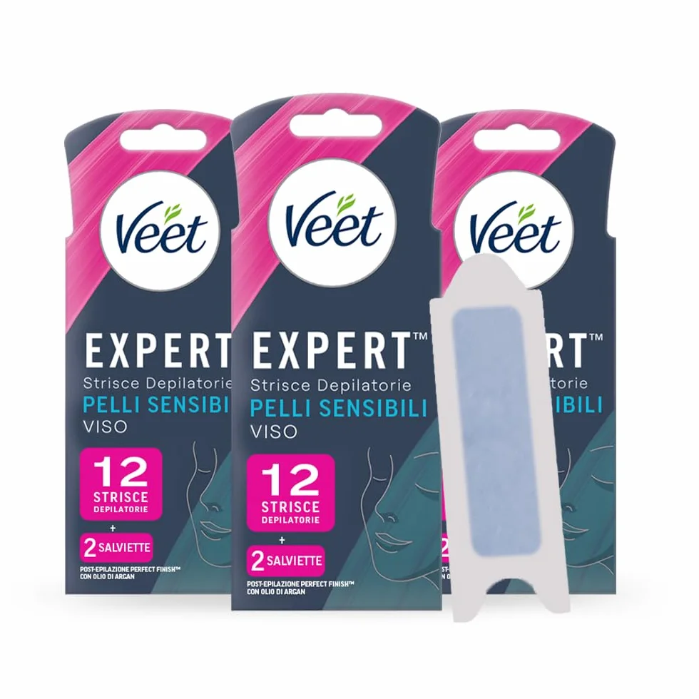 Veet Expert Strisce Depilatorie Viso Pelli Sensibili Olio di Mandorla 36 Strisce + 6 Salviette Post-Epilazione
