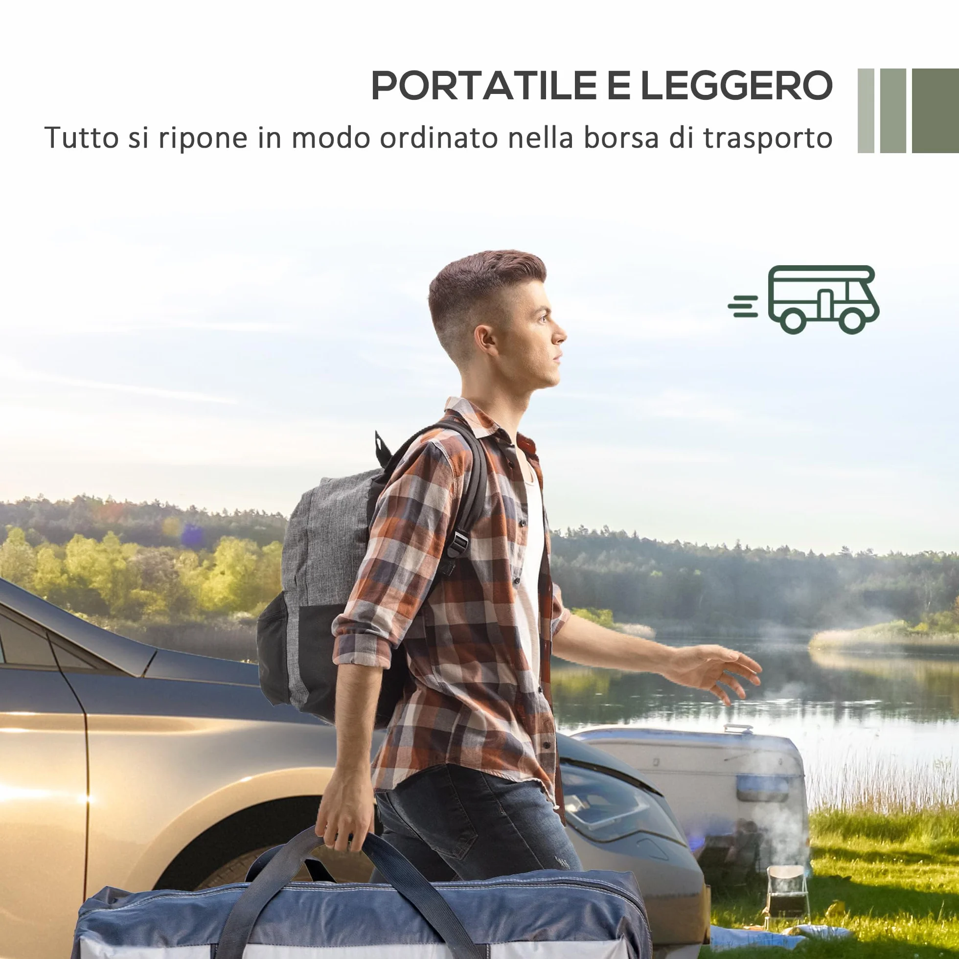 Outsunny Tendalina ad Arco Portatile con Paletti Regolabili e Borsa da Trasporto, Tenda per Auto in Poliestere, Acciaio e Fibra di Vetro, 290x278x230-260 cm, Blu