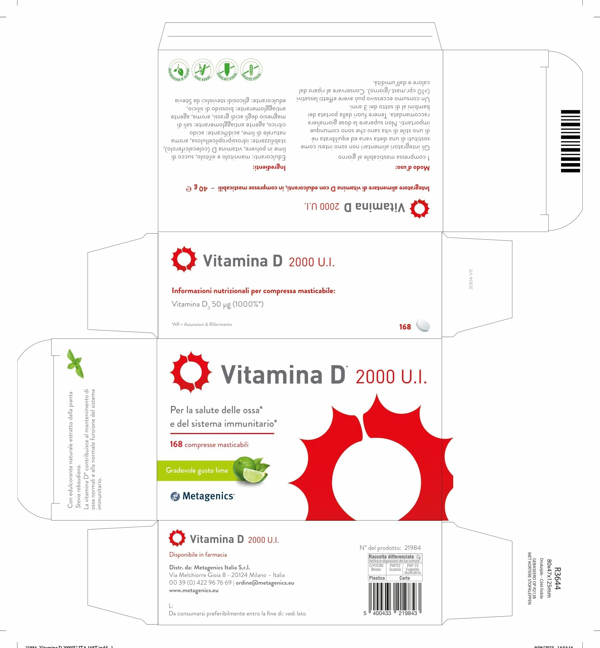 Metagenics Vitamina D 2000 U.I. 168 Compresse Masticabili Integratore per Sistema Immunitario e Supporto a Ossa, Denti e Muscoli