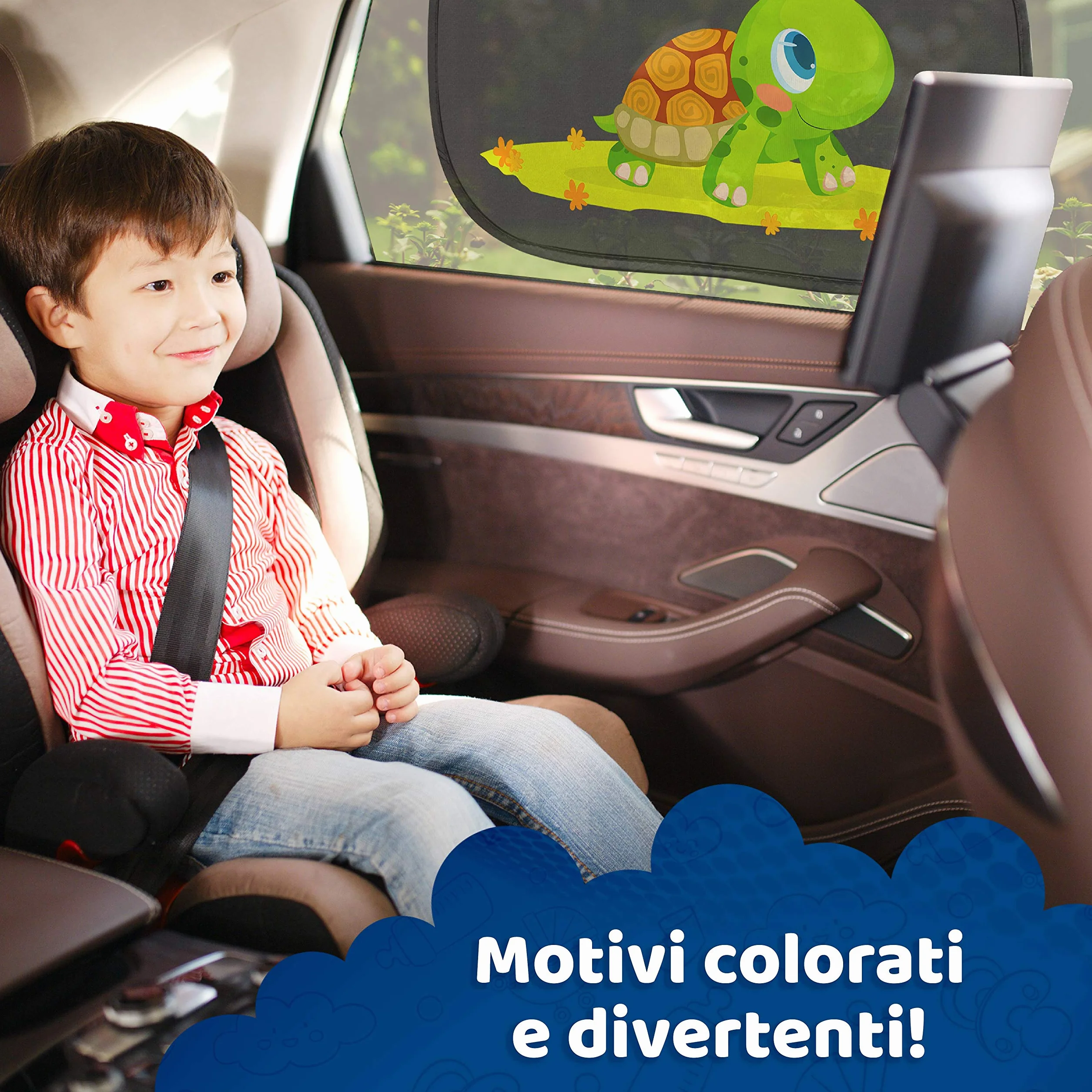 Tendine Parasole Auto Bambini - Protezione Solare 99% Dai Raggi UV - 2 Pezzi 51x31 cm 80g/m2 - Accessori Macchina Per Interno Tende Oscuranti - Design Neonati E Bimbi (Tartaruga)