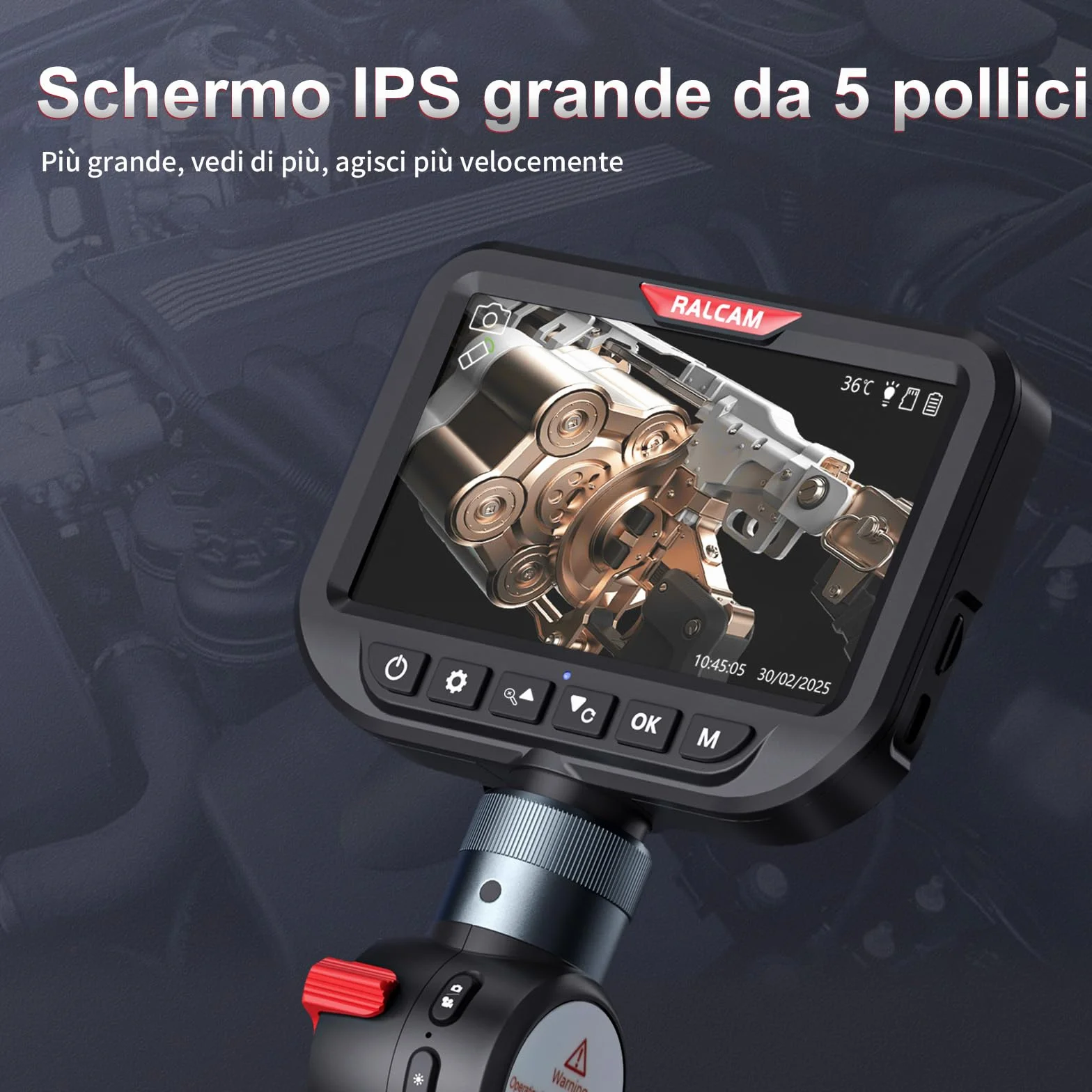 Ralcam Telecamera Endoscopica Borescopio Doppio 6,5 mm Testa Mobile 180° Schermo HD IPS 5" Impermeabile IP67 Cavo Semirigido 1,5 m