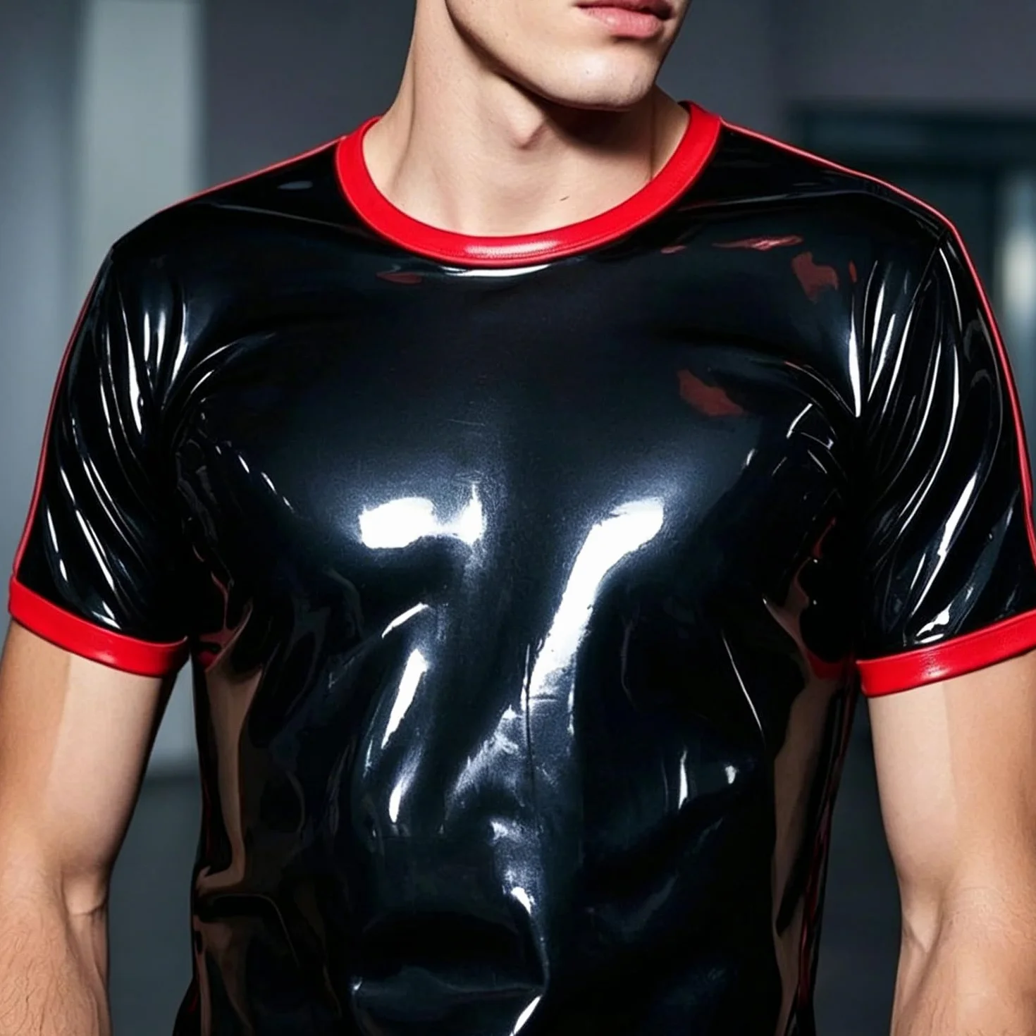 Maglietta in Lattice Gomma Uomo T-Shirt Maniche Corte Nero Rossa Costumi Feste Tema