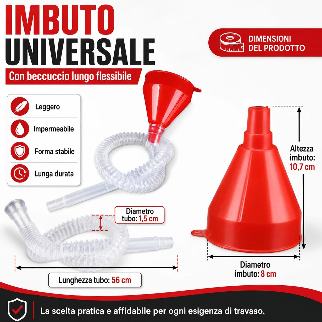 Imbuto Universale Auto con Beccuccio Lungo Flessibile Ø8 cm – per Olio, Benzina, Acqua, Antigelo, AdBlue