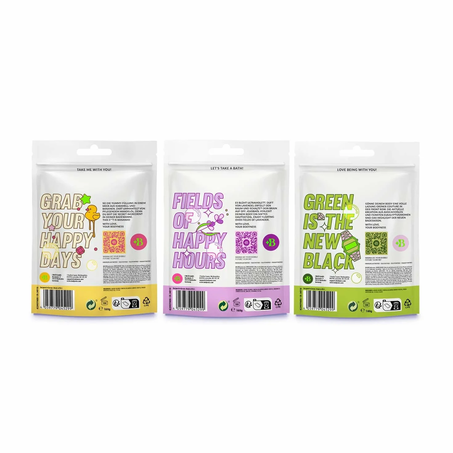 BODYNESS Sali da Bagno 9 Sacchetti 160g 3 Colori Fragranze Additivo Lenitivo