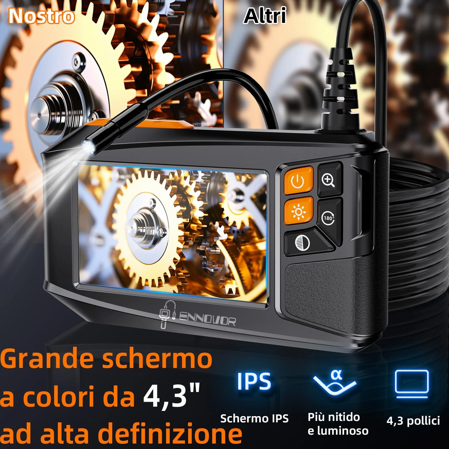 Endoscopio Industriale 1920P HD Telecamera Ispezione Tubi 4,3" Schermo IP67 Sonda 8 LED 5M