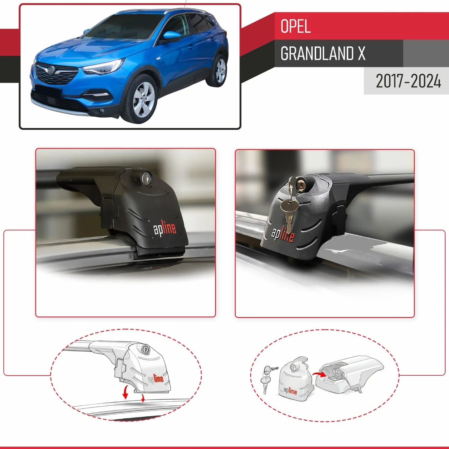 Compatibile con Opel Grandland X 2017-2024 Modello ACE-2 Barre Tetto Portapacchi Auto Barre Portatutto Nero Alluminio 2 Barre