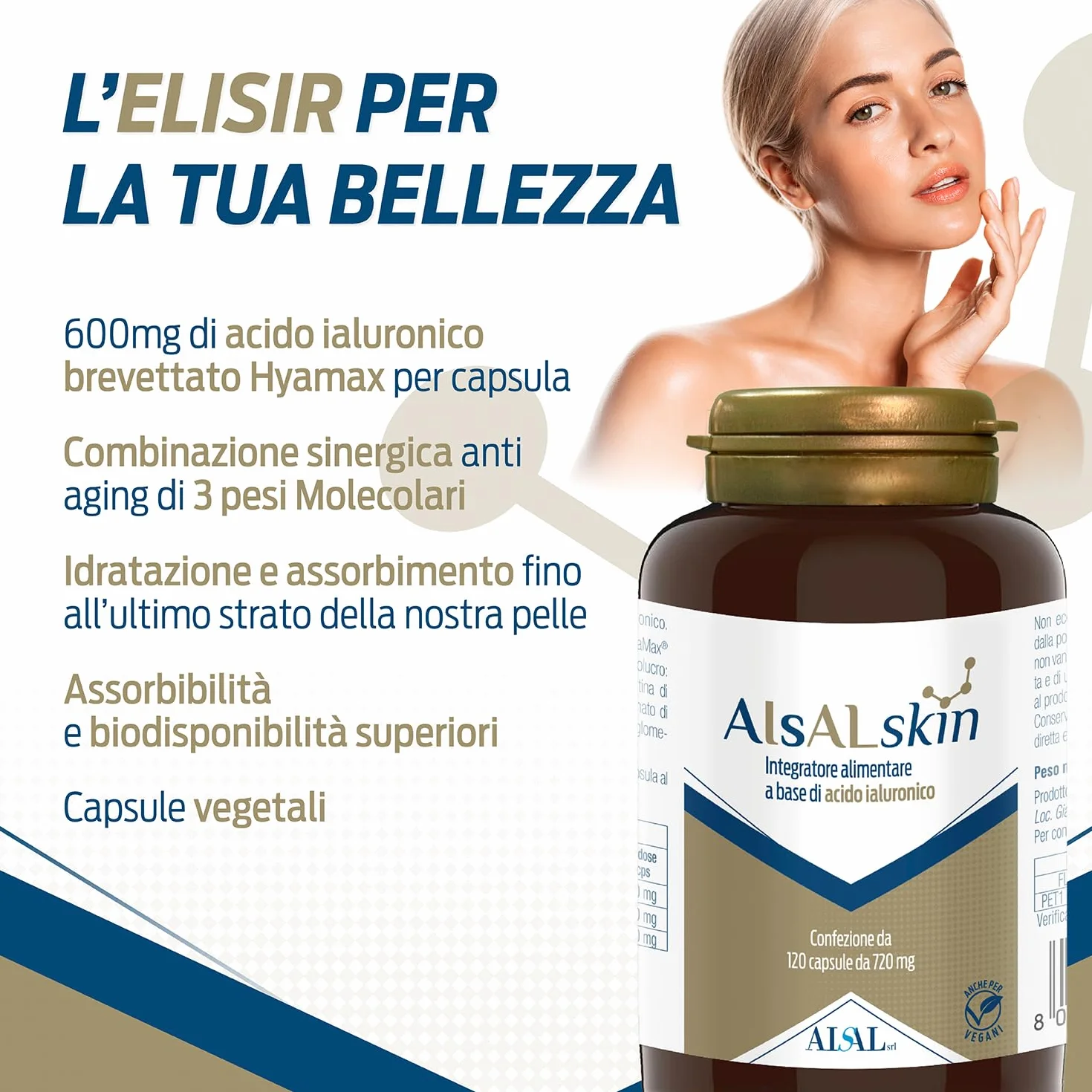 Aisalskin Acido Ialuronico puro 3 Pesi Molecolari 120 Capsule anti aging idratante rimpolpante Pelle Sana