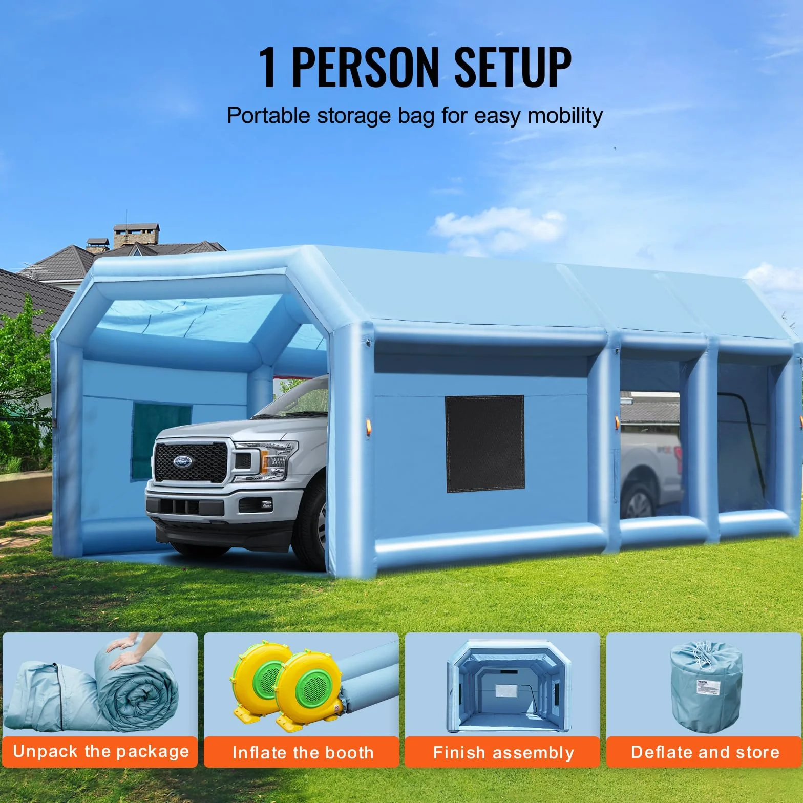 VEVOR Cabina di Verniciatura Gonfiabile, Tenda di Verniciatura Gonfiabile Portatile Potente Ventilatore, Sistema Filtro dell'Aria, Verniciatura per Auto Veicoli e Mobili 9 x 4,8 x 3,6 m, 950W + 750W