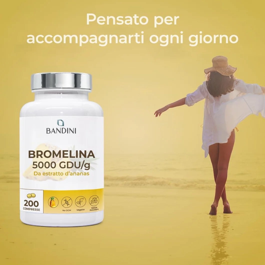 Bandini Bromelina Forte 5000 GDU/g Gastroprotetta 200 Compresse, Enzima Digestivo, Estratto di Ananas, Bromelina Strong, Pura, Alto Dosaggio, Vegano