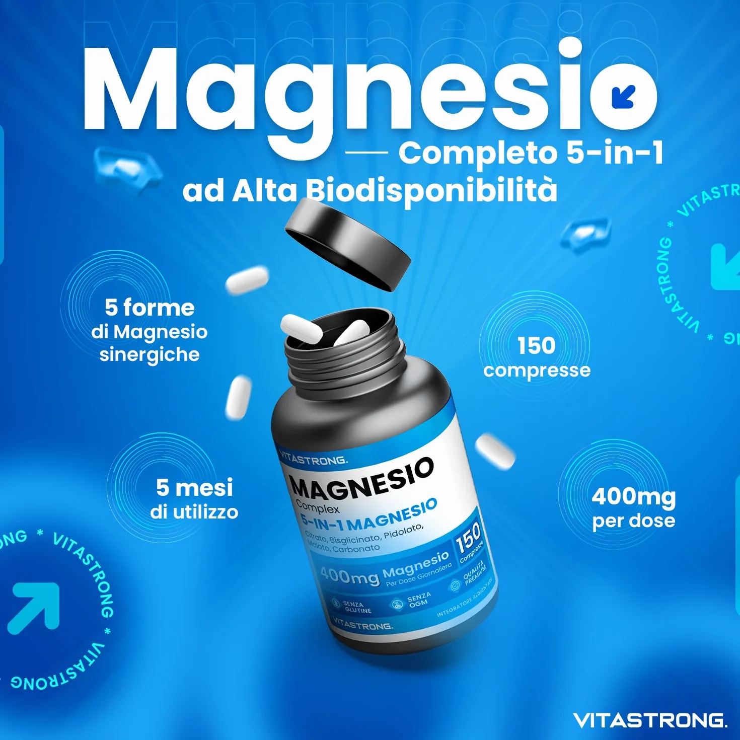 MAGNESIO COMPLETO 400mg 5 in 1 Magnesio Bisglicinato Citrato Pidolato Malato Carbonato Integratore Antistress