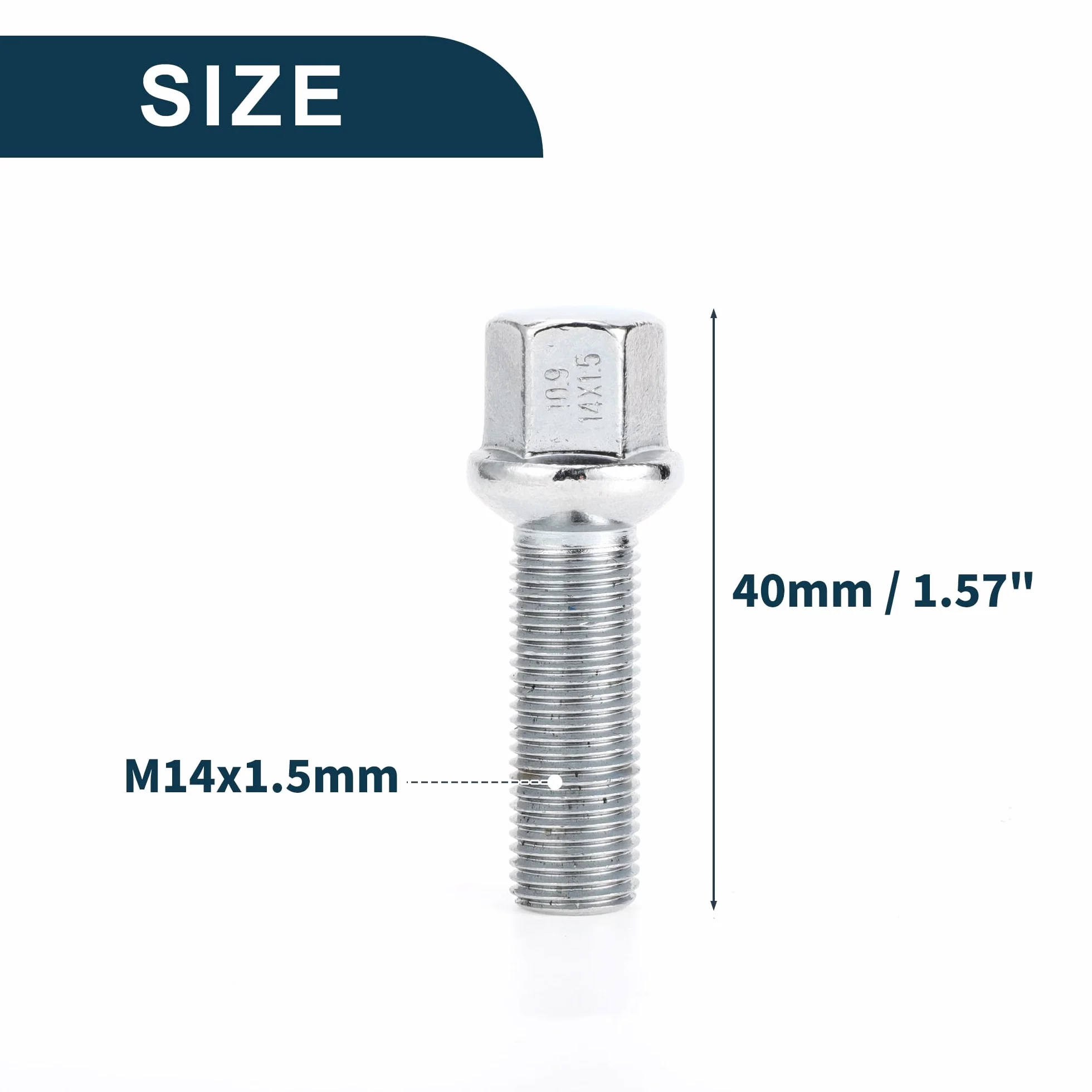 Bullone per Dado Ruota a Sfera M14x1.5mm per Volkswagen 19mm Esagono 40mm Lunghezza Asta Robusto | Bulloni Estesi Tono Argento 10 Pz