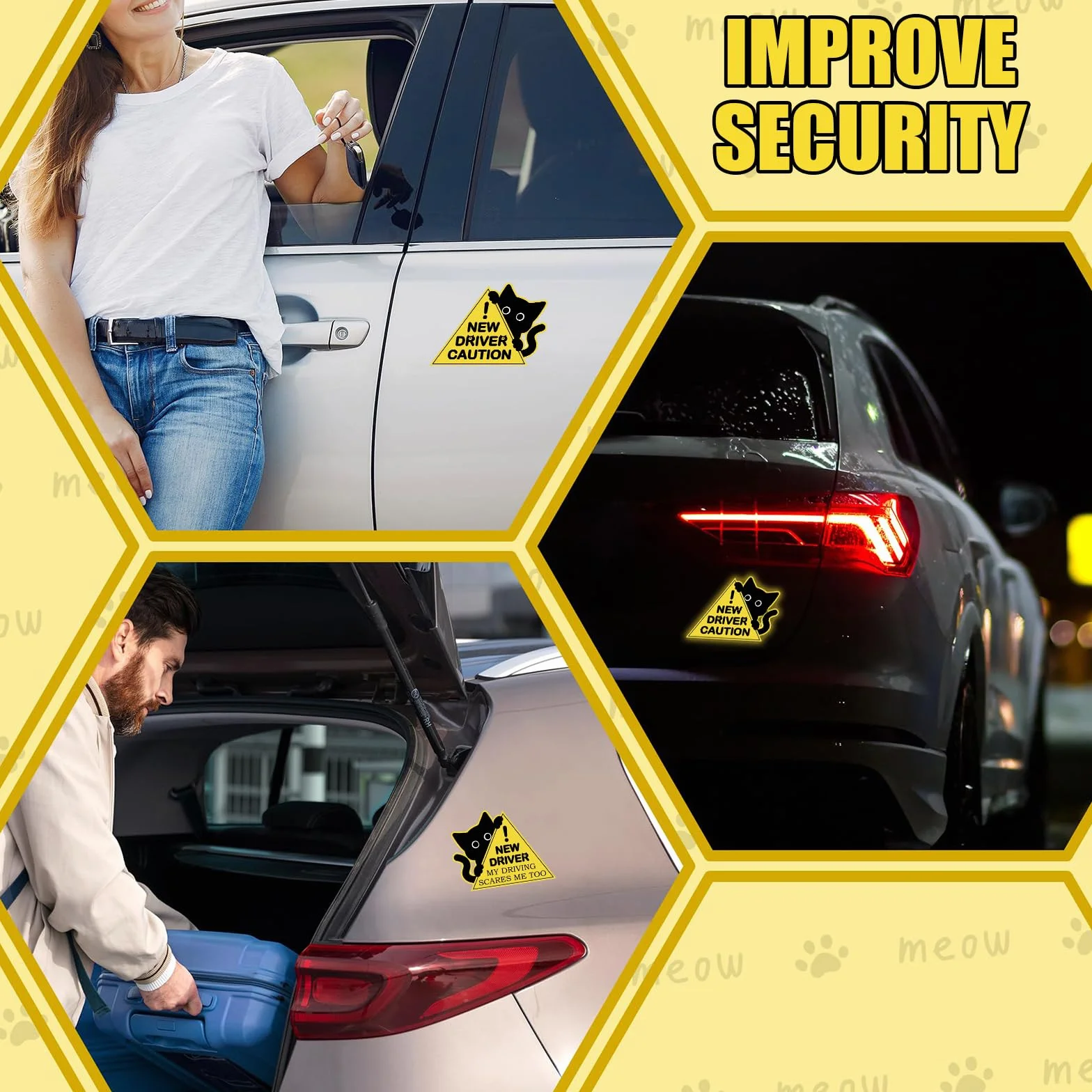 Adesivi per Nuovi Guidatori, 3 Pezzi Magnetica per Auto con Gatto, Segnaletica di Sicurezza per Principianti