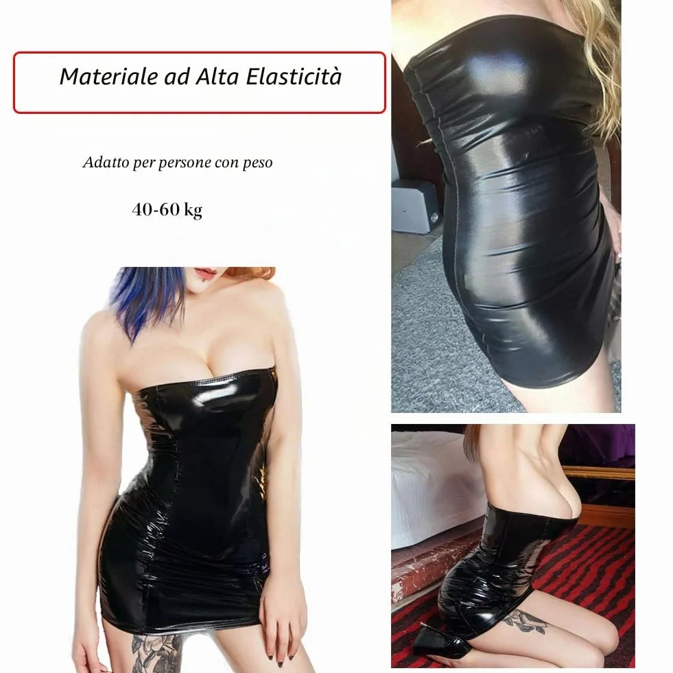 VicSec 1 sukienka z ekologicznej skóry patentowej sexy, elastyczna, spódnica z poliuretanu, czarny