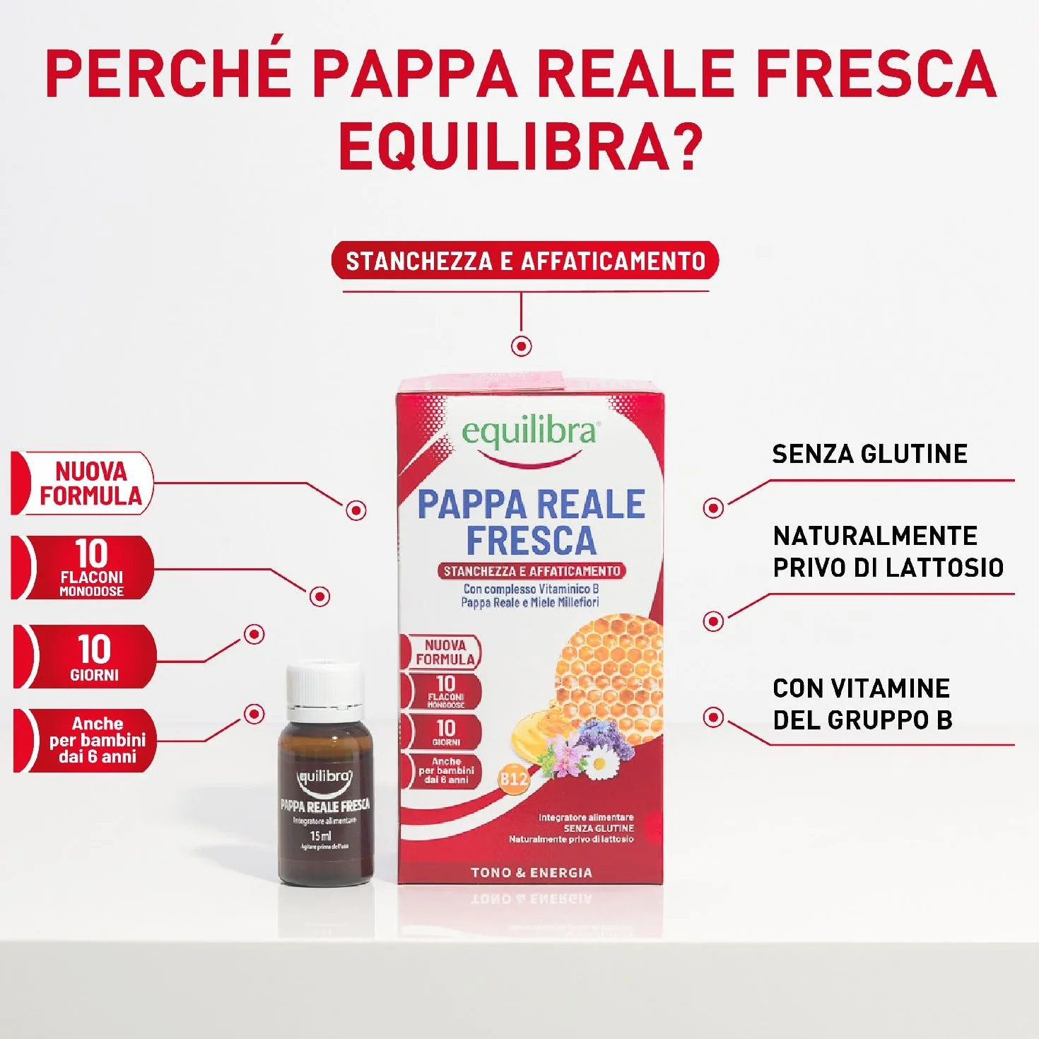 Equilibra Pappa Reale Fresca Integratore con Vitamine B e Miele Millefiori 10 Flaconcini