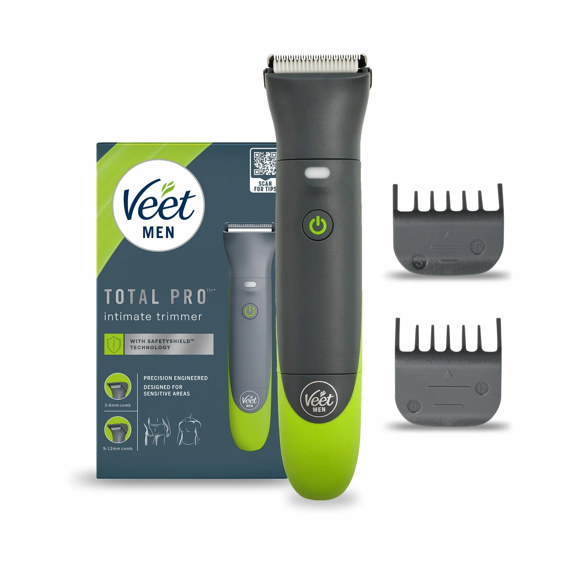 Veet Men Intimate Trimmer TOTAL PRO, Rasoio elettrico uomo corpo e parti intime, 1 testina, 2 pettini guida, Cordless