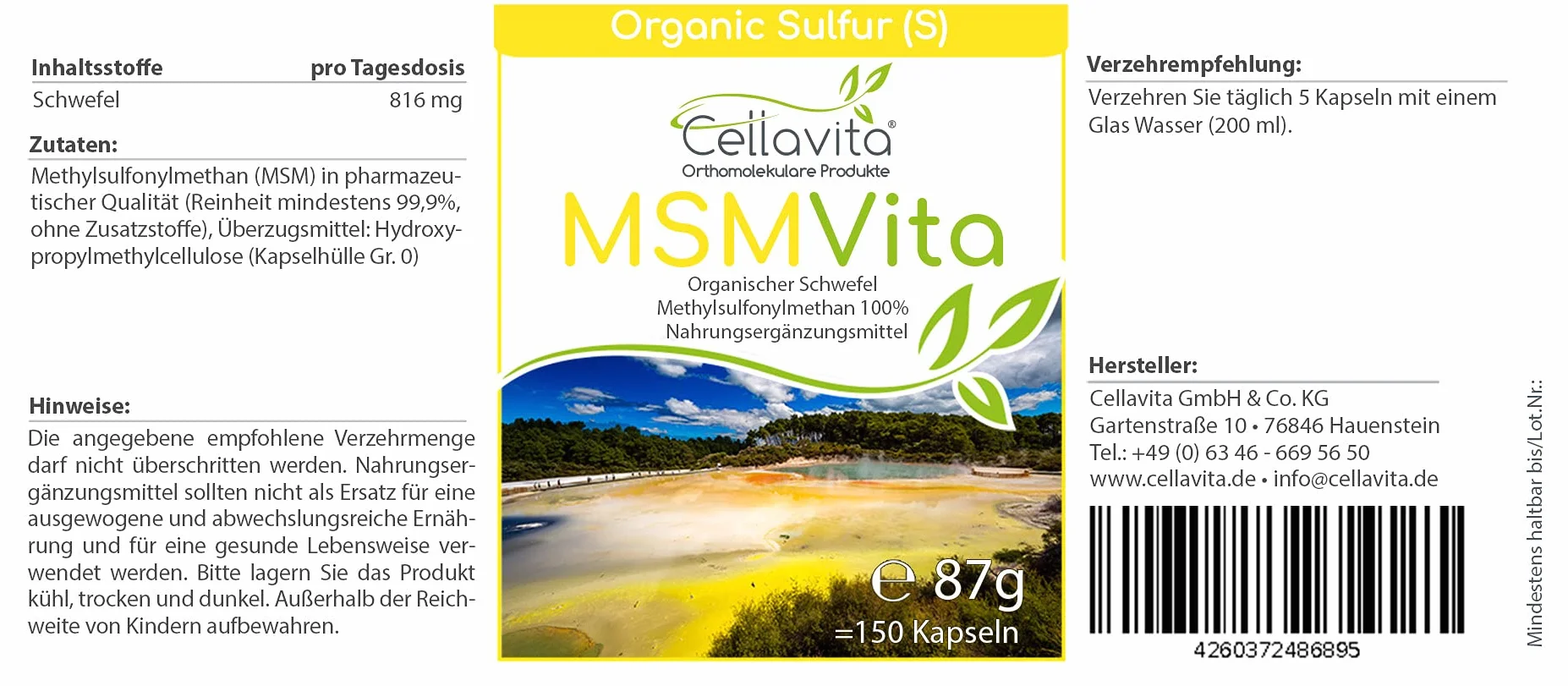 Cellavita MSM 99,9% 150 kapsułek czystego metylosulfonylometanu w szkle – Bez dodatków i konserwantów Made in Germany