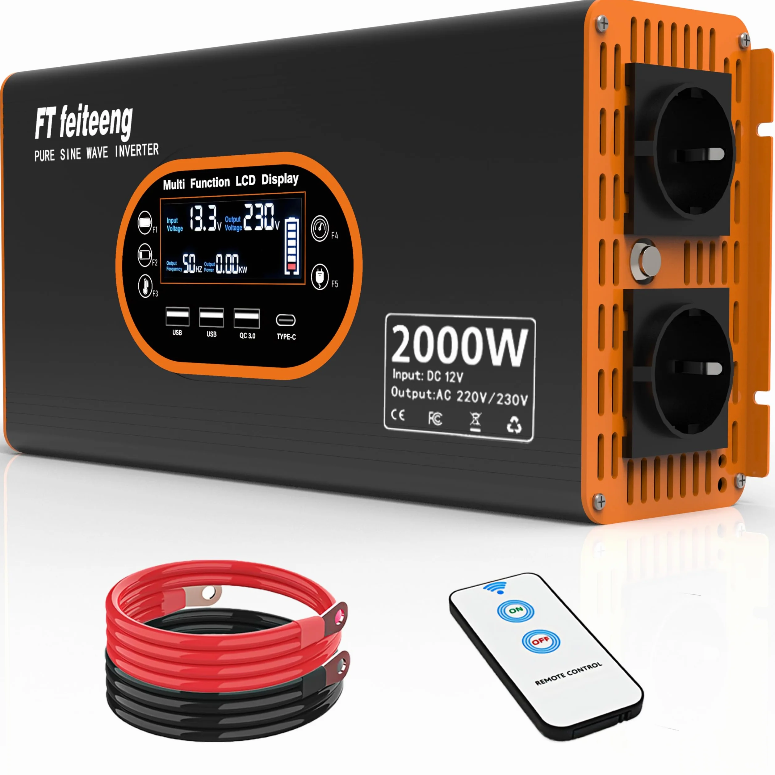 2000W Inverter 12V 220V Onda Pura - Trasformatore di Tensione 12V con Display LCD, 2 Prese UE, 3 Porte USB, Porta Tipo C, Telecomando