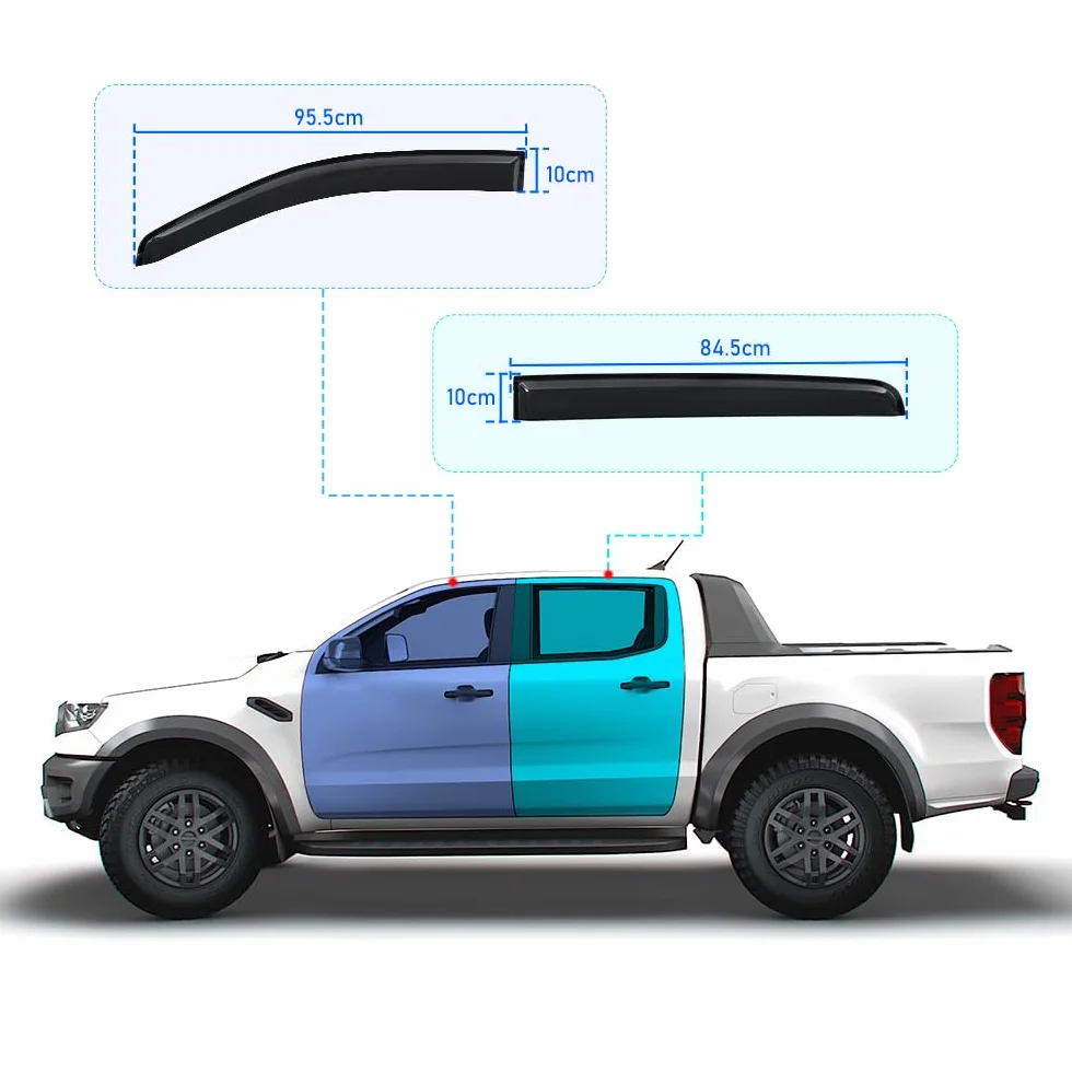 Deflettori d'aria Ford Ranger Wildtrak Raptor 2012-2022 Double Cabin T6 T7 T8 XL XLT Limited XLS Smoke nero