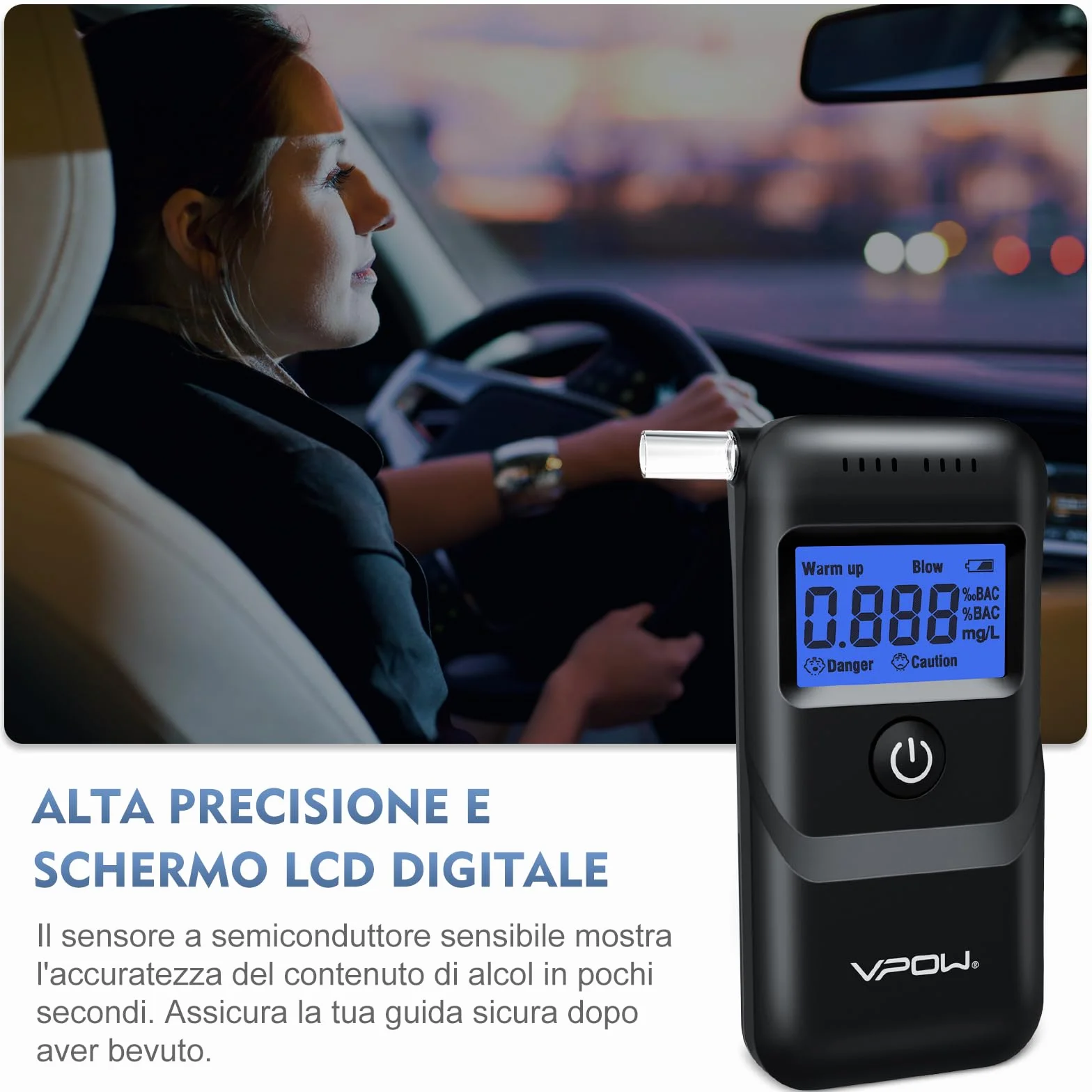 Etilometro Portatile Certificato VPOW con Display LCD Blu, Precisione di Grado, per Uso Domestico e Professionale - Nero Scuro
