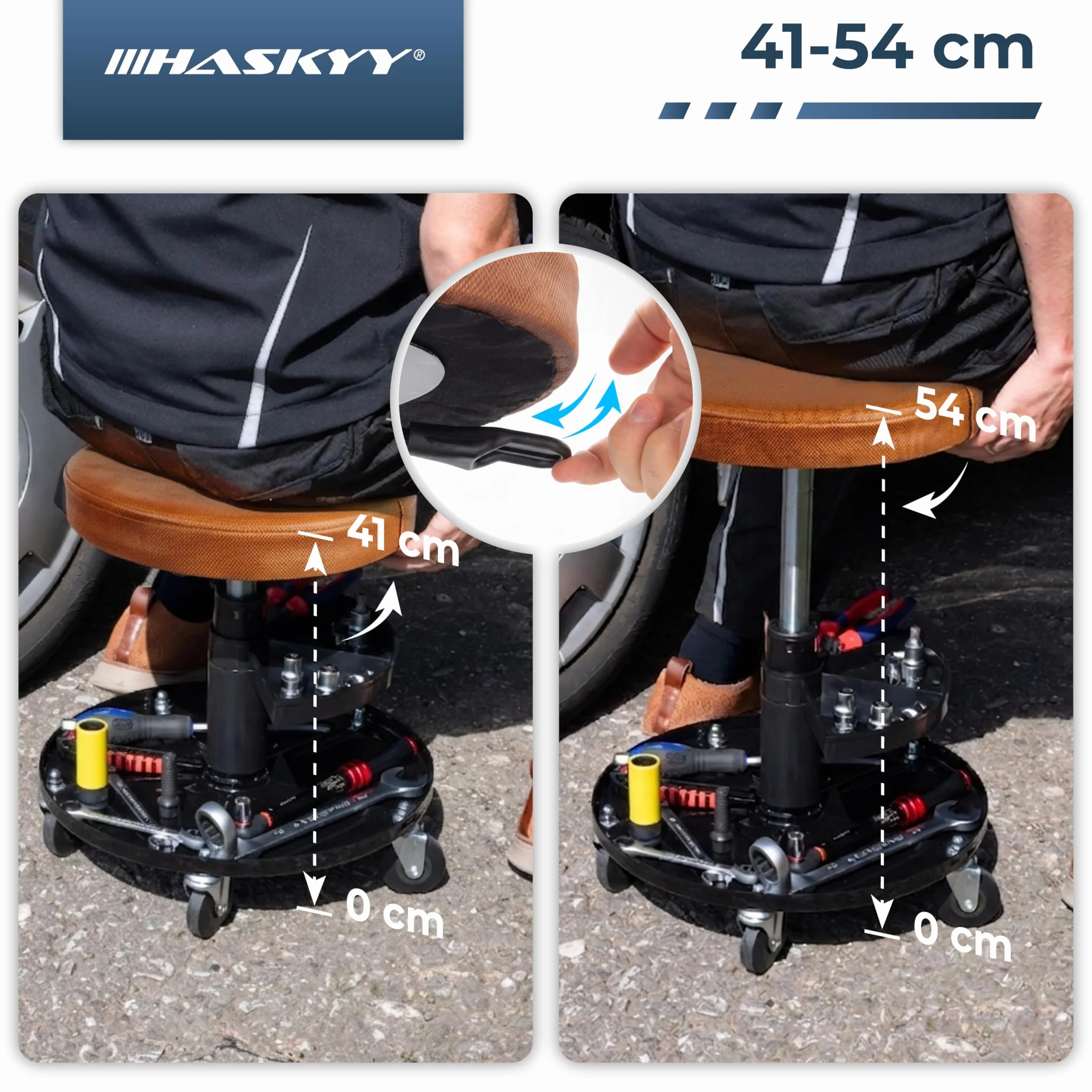 HASKYY Sgabello da officina con ruote 430-580 mm 40 cm 135 kg 2 ripiani