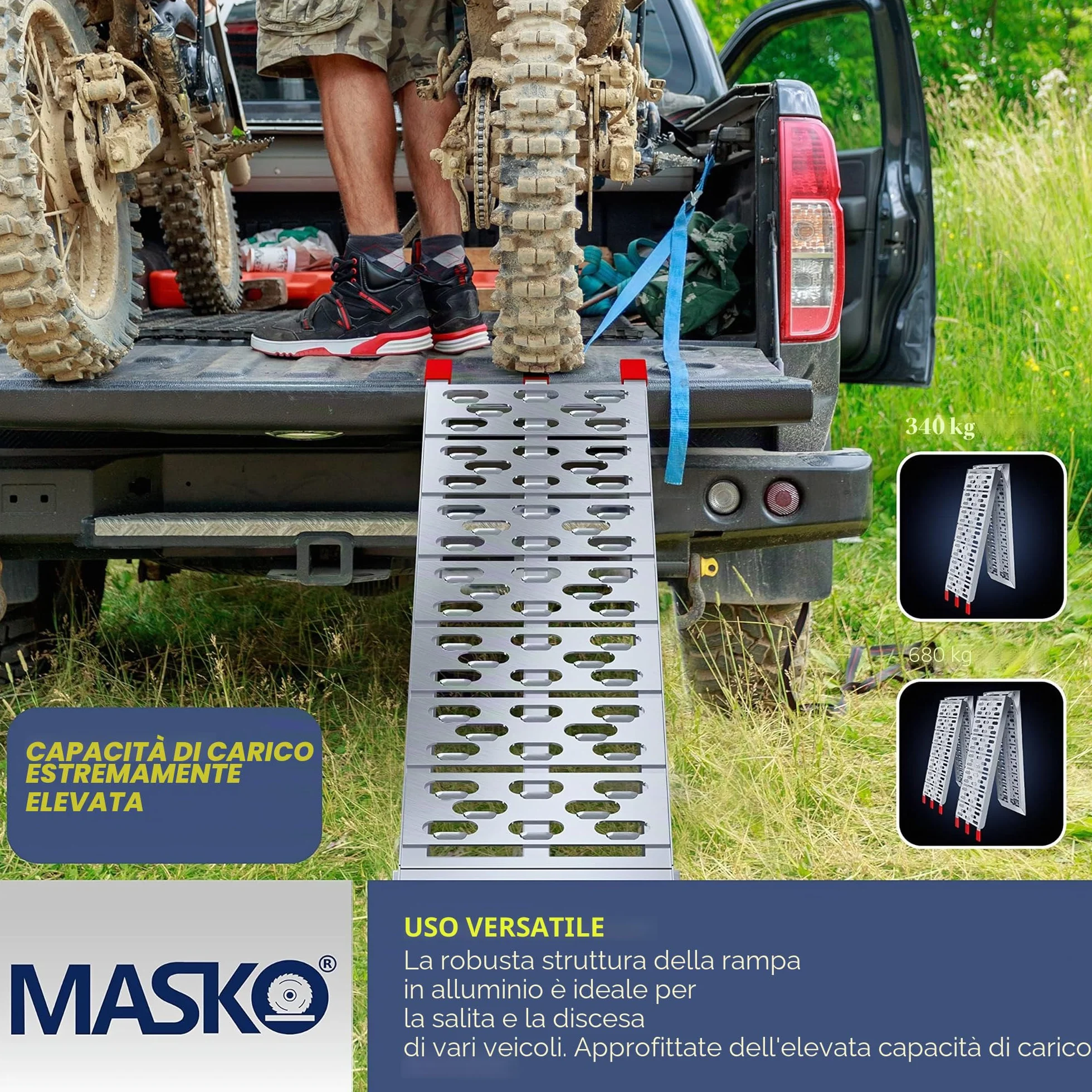 MASKO® Rampa 340kg Rampa di carico ALU pieghevole Rampa di carico Antiscivolo Pieghevole max. 340kg* per pezzo, Rampa di carico moto ATV Quad Car Car