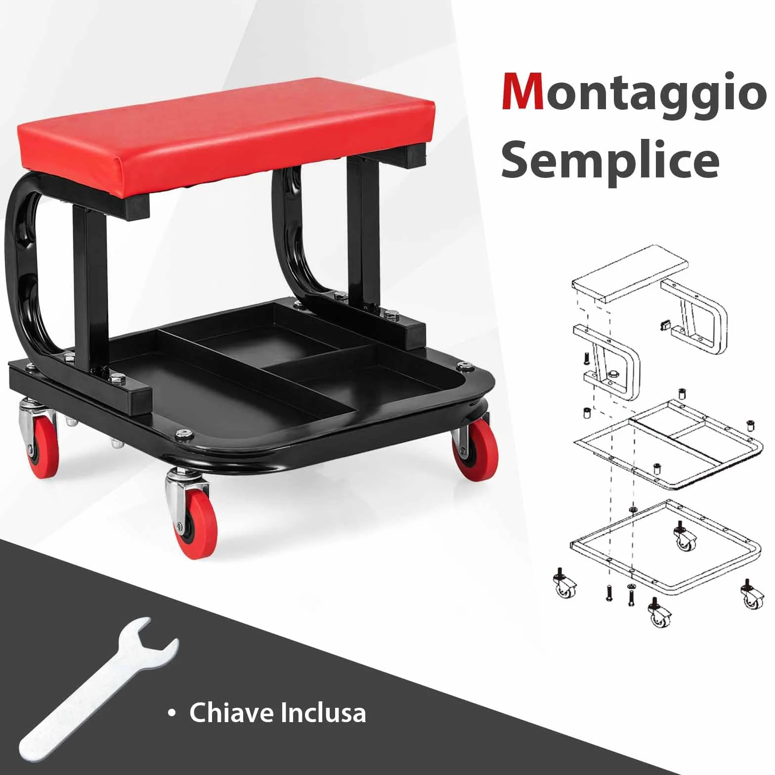 COSTWAY Sgabello da Officina con Ruote, Sgabello da Meccanico con Sedile Imbottito e Vassoio Porta Attrezzi, capacità di Carico 150 kg