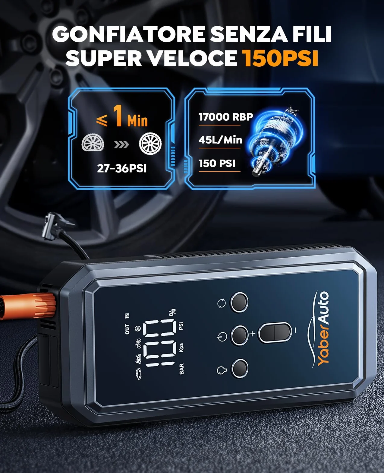 Avviatore Emergenza per Auto con Compressore 150PSI 8000A 21800mAh, YaberAuto Booster Avviamento Auto/Moto (Tutti Gas/10.0L Diesel), 12V Starter Batteria con Ricarica Rapida 18W,Uscita DC 160W,Torcia
