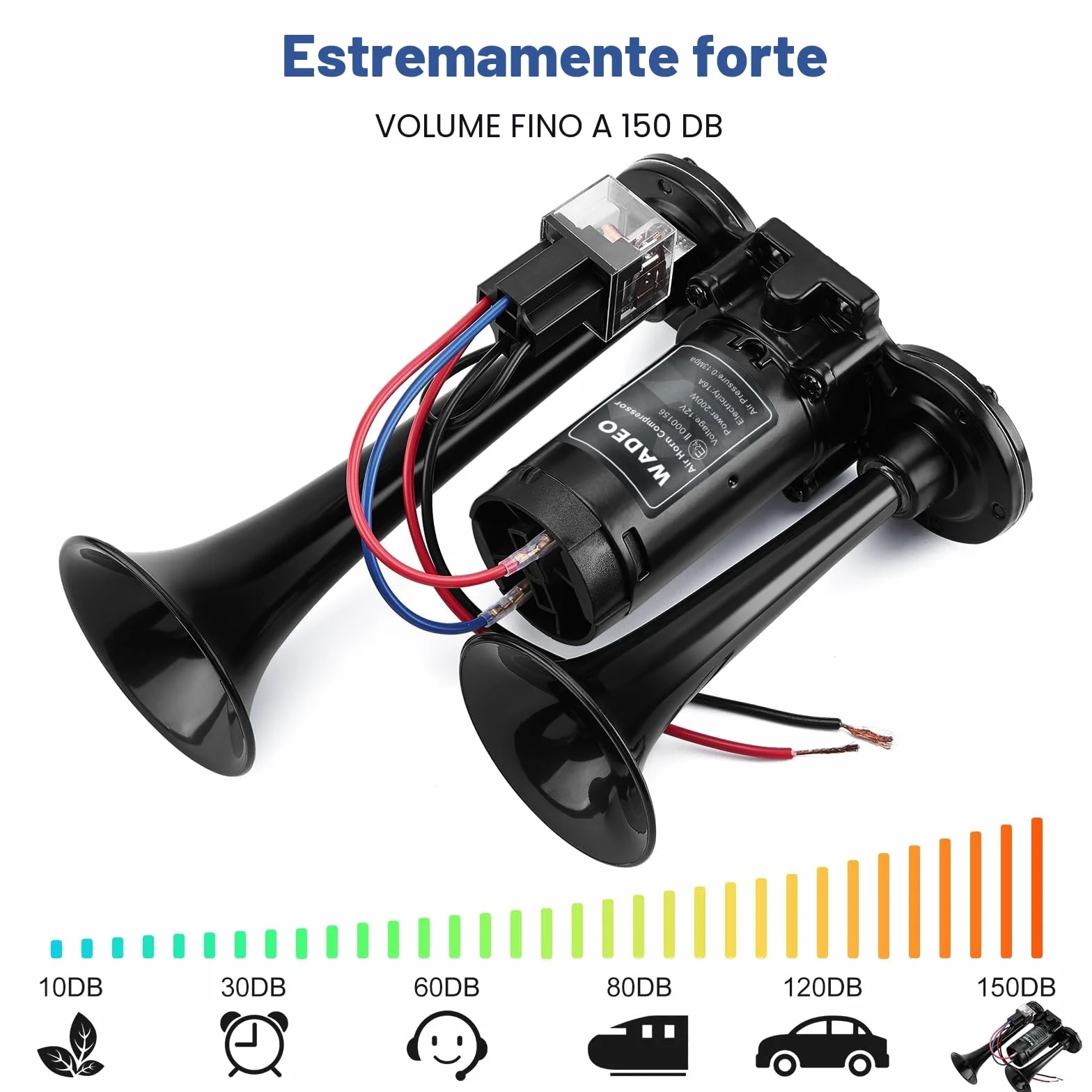 WADEO Clacson Auto, [Super Rumoroso da Svegliare i Morti] Tromba 12V con Compressore per Camion, Treni, Barche, Moto, Furgone
