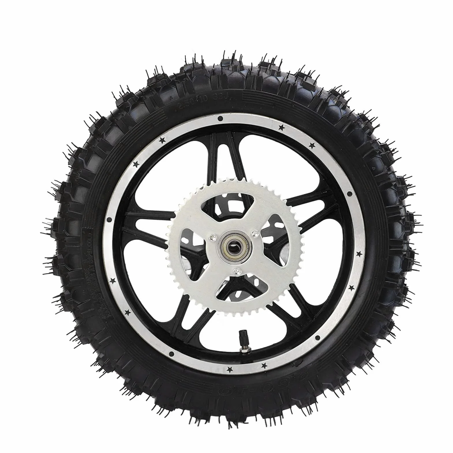 Gruppo ruota posteriore per moto da cross, pneumatico 2,5 x 10, costruzione in gomma e metallo con pignone a disco e cuscinetto