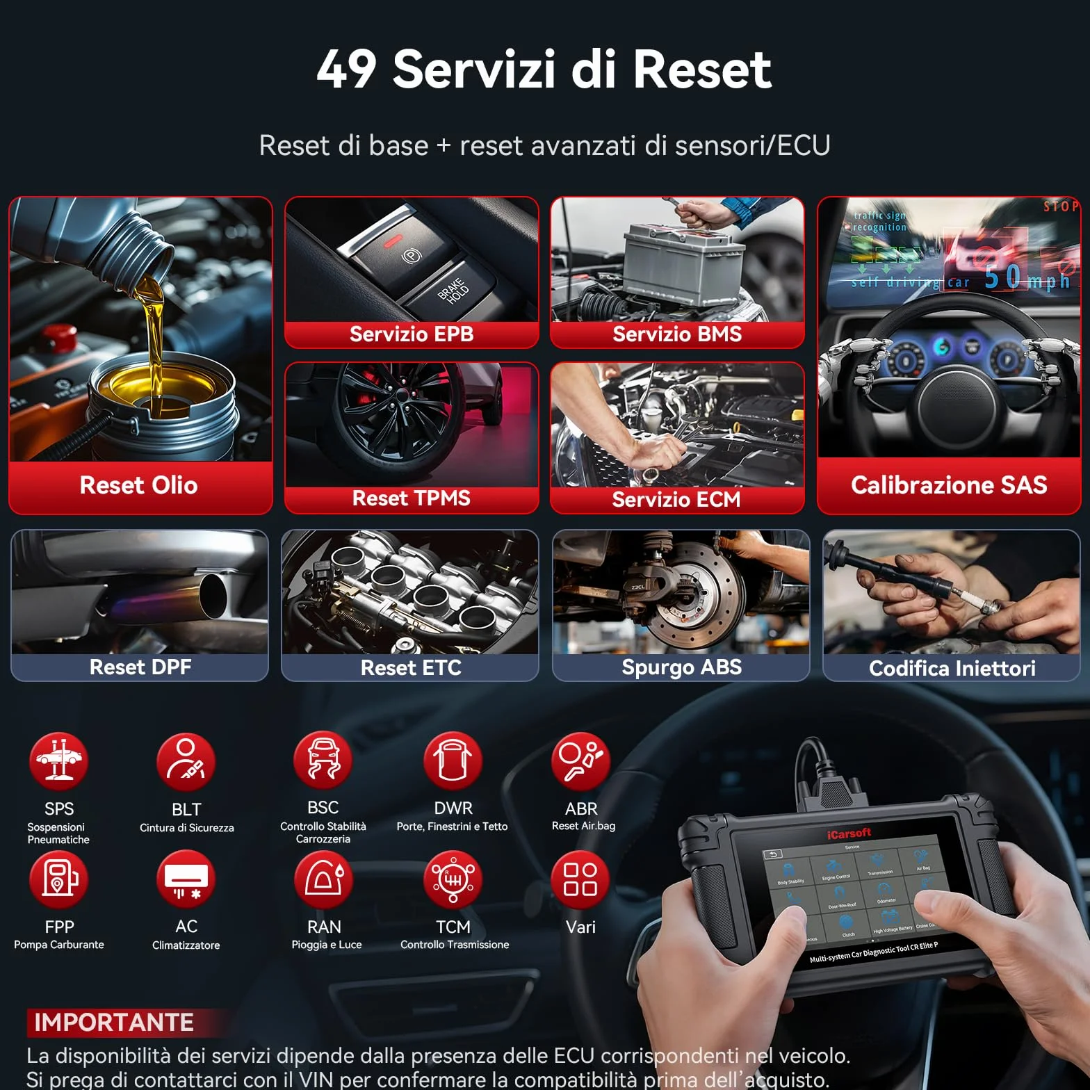 iCarsoft CR Elite P Auto Diagnostica Bidirezionale 49 Funzioni Reset Lettore Codice Test Batteria VIN Automatico