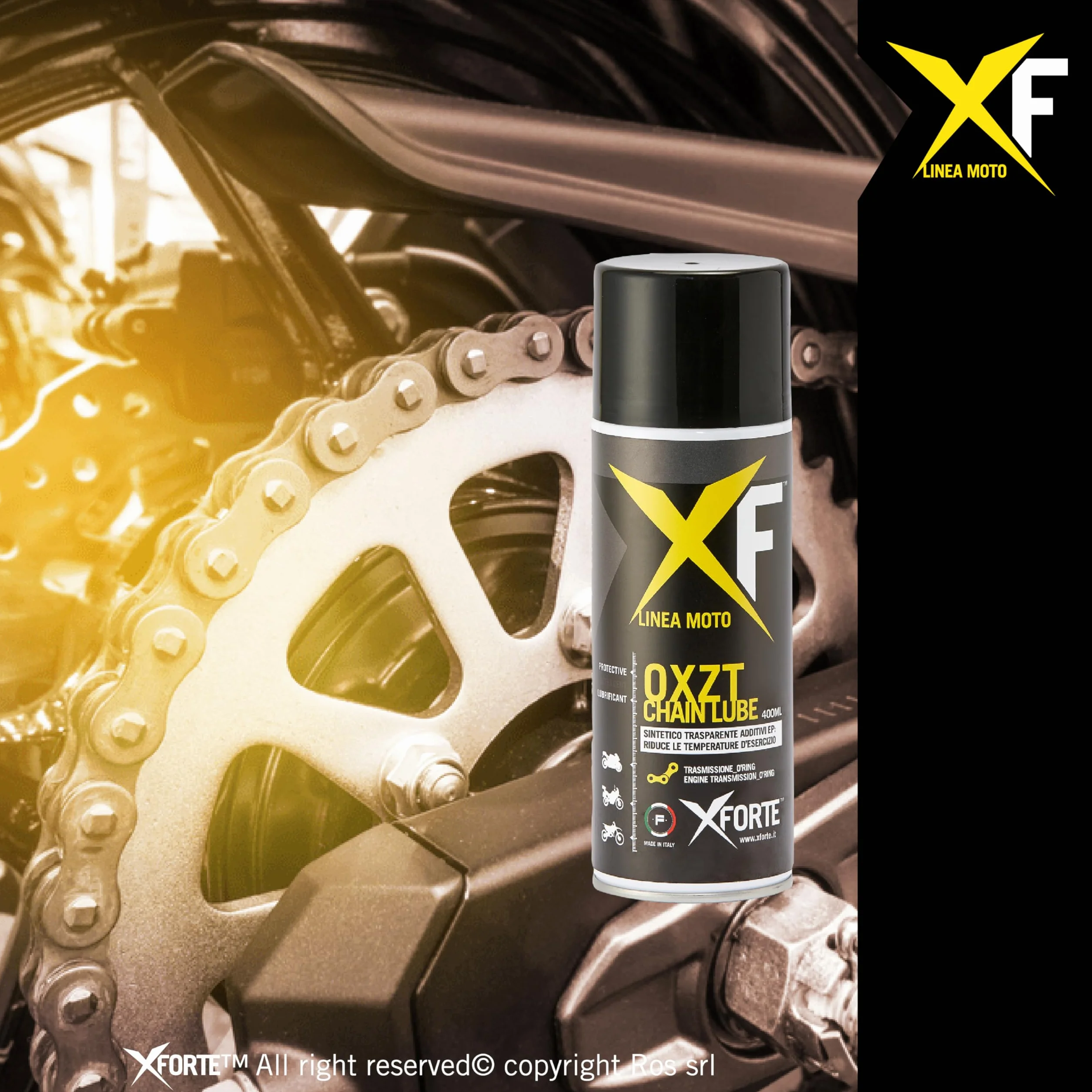 XFORTE OXZT Grasso Catena Moto O-Ring, Lubrificante Sintetico Antigoccia ad Alte Prestazioni, 400 ml - Protezione Resistente per Strada, Pista e Fuoristrada