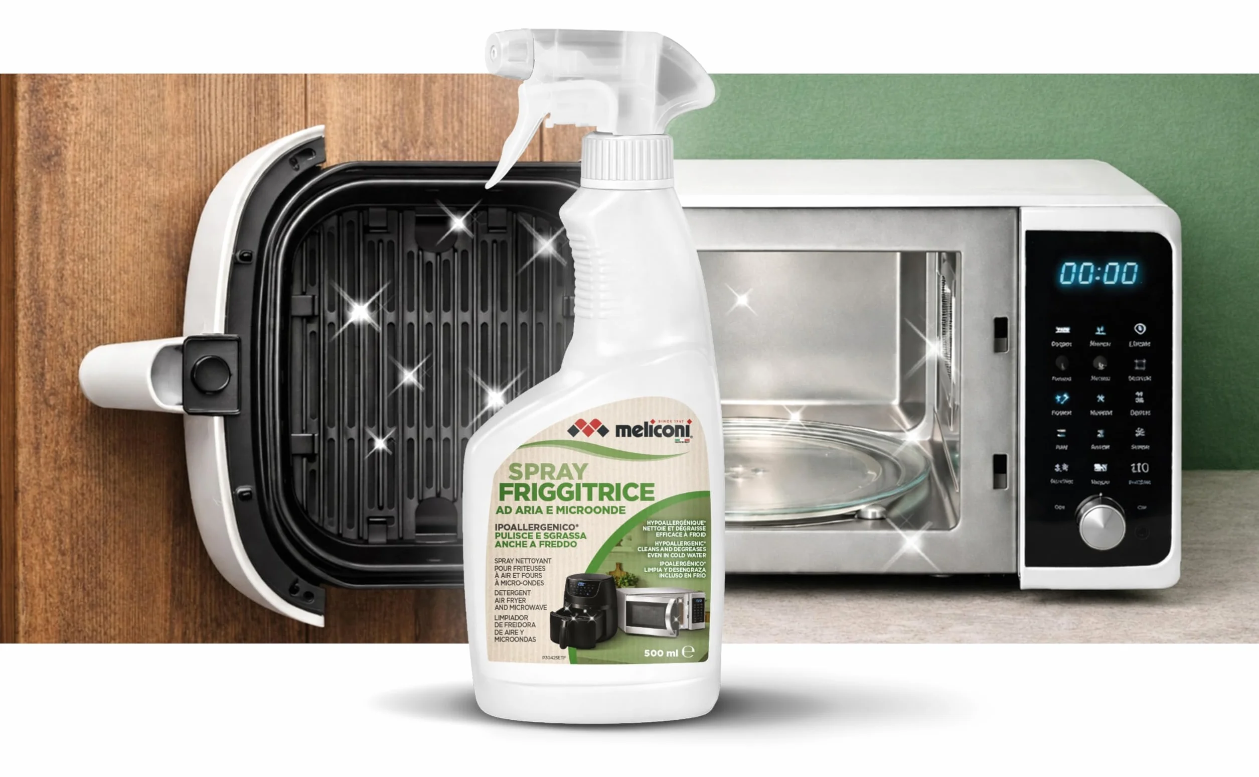 Meliconi Sgrassatore Spray 500 ml, Friggitrice ad Aria e Microonde, Rimuove Grasso Ostinato, Efficace a Freddo, Made in Italy